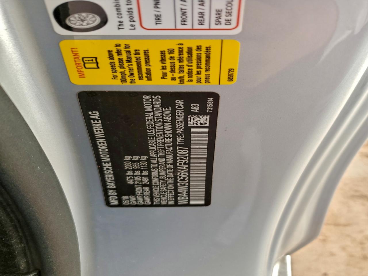 2019 BMW 430I VIN: WBA4W3C56KAF92087 Lot: 94683475