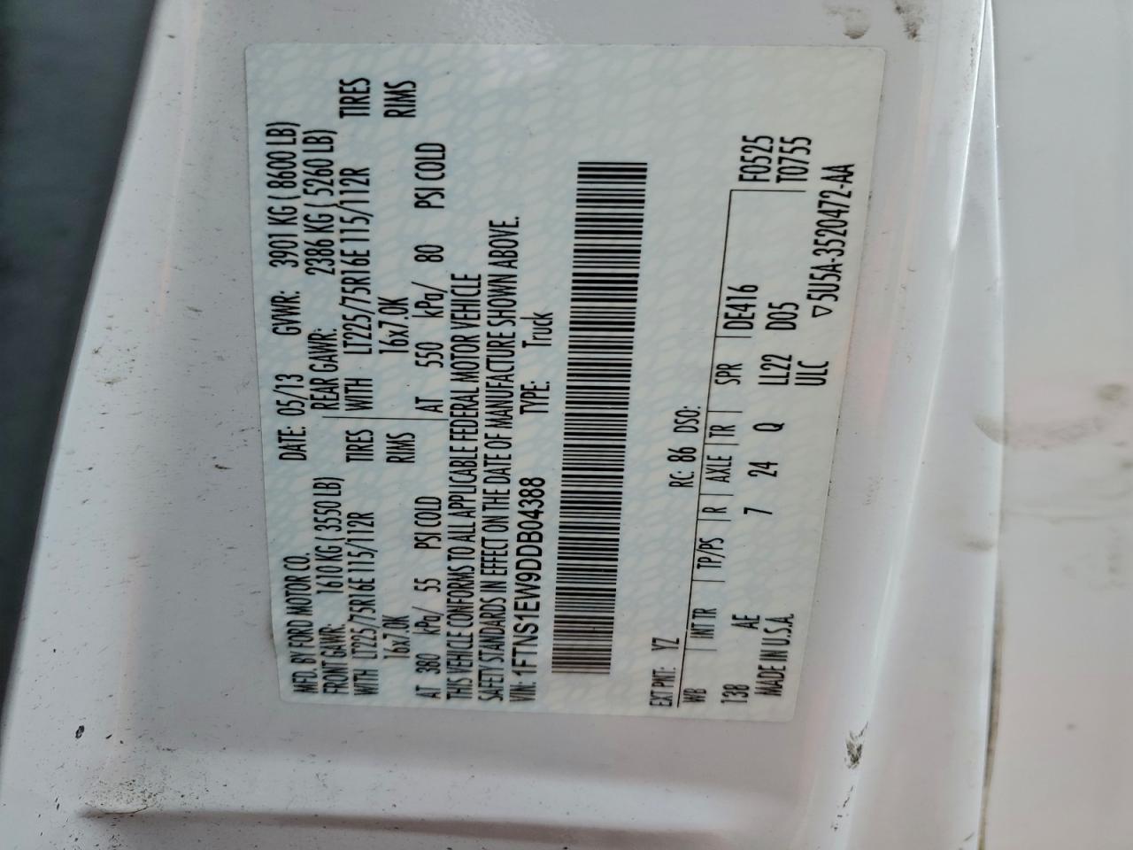 2013 Ford Econoline E150 Van VIN: 1FTNS1EW9DDB04388 Lot: 95752365