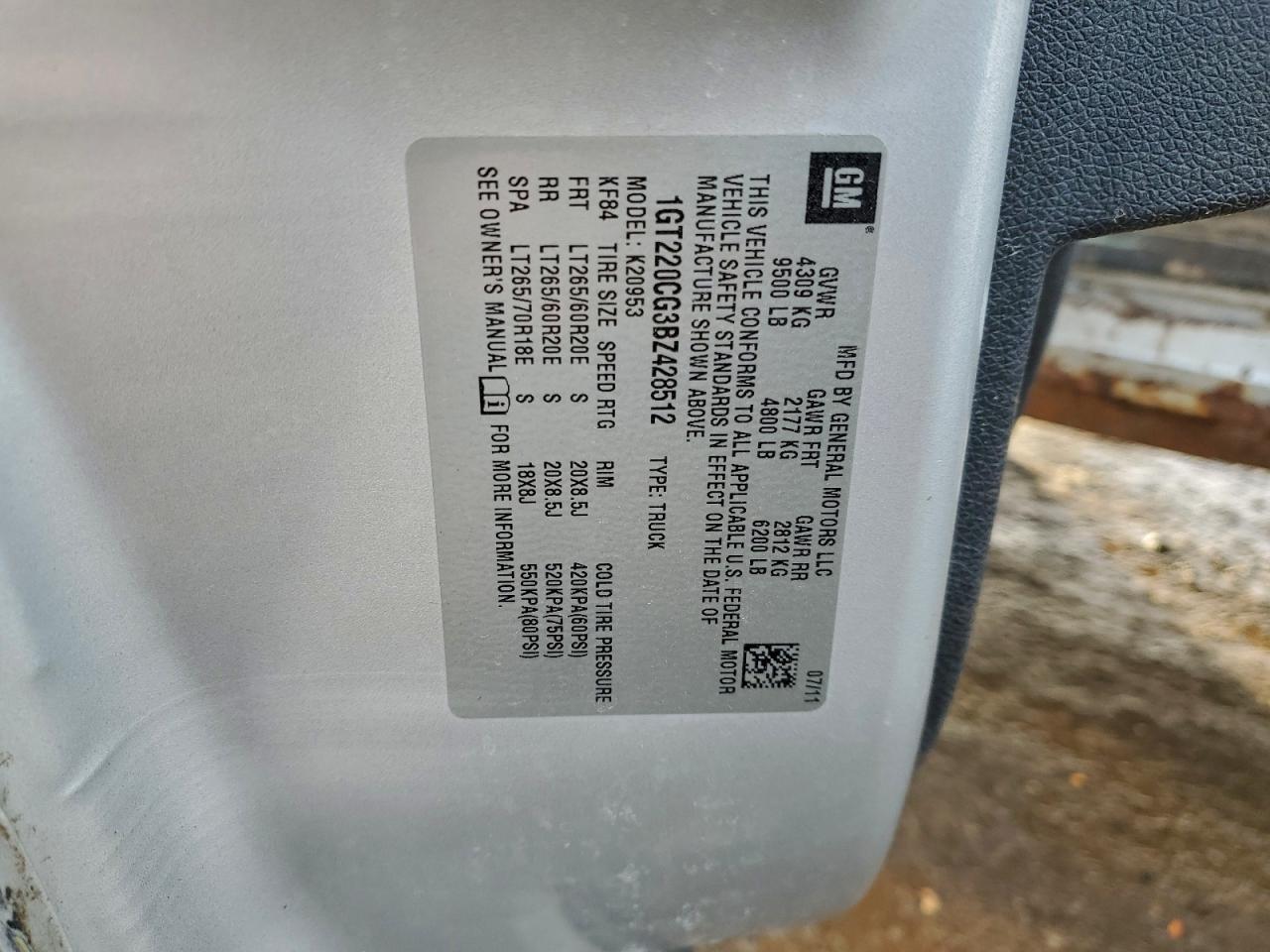 2011 GMC Sierra K2500 Sle VIN: 1GT220CG3BZ428512 Lot: 96110685