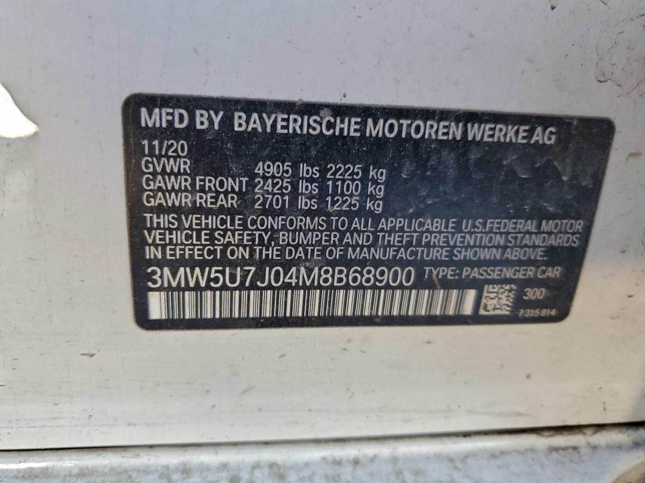 2021 BMW M340I VIN: 3MW5U7J04M8B68900 Lot: 95014855