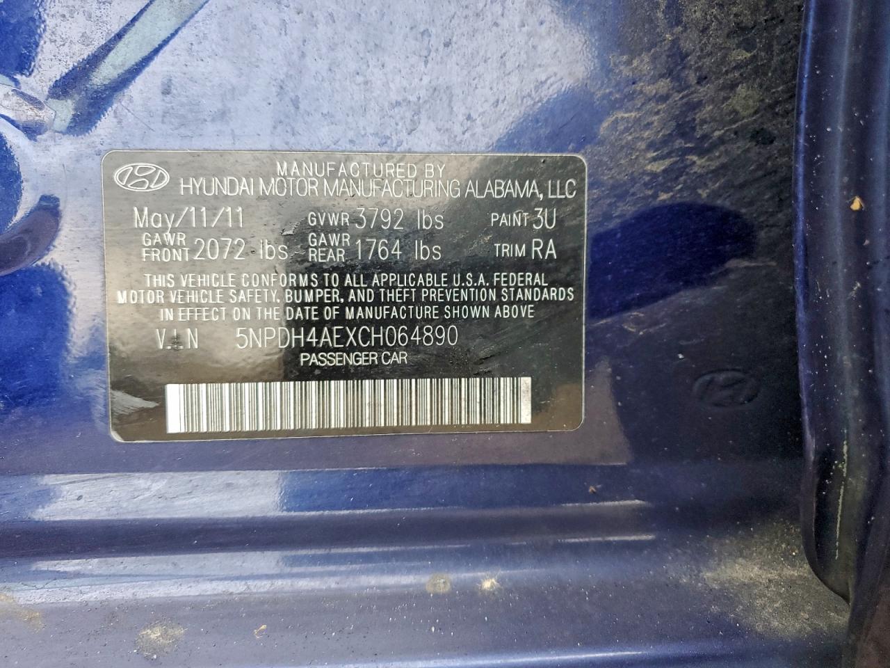 2012 Hyundai Elantra Gls VIN: 5NPDH4AEXCH064890 Lot: 95514565