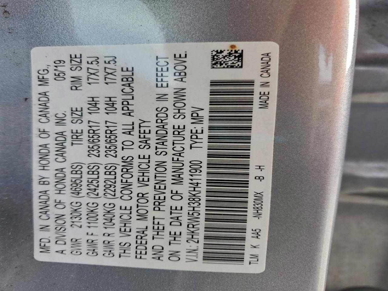 2019 Honda Cr-V Lx VIN: 2HKRW5H38KH411900 Lot: 95330885