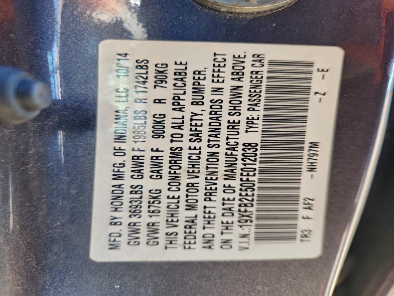 2015 Honda Civic Lx VIN: 19XFB2E50FE012038 Lot: 95500475