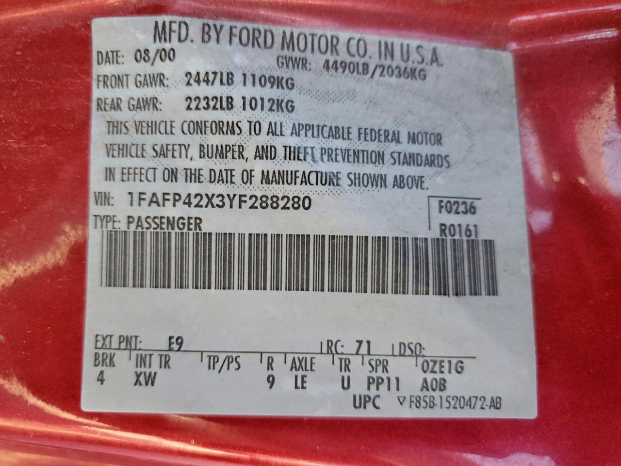 2000 Ford Mustang Gt VIN: 1FAFP42X3YF288280 Lot: 94553955