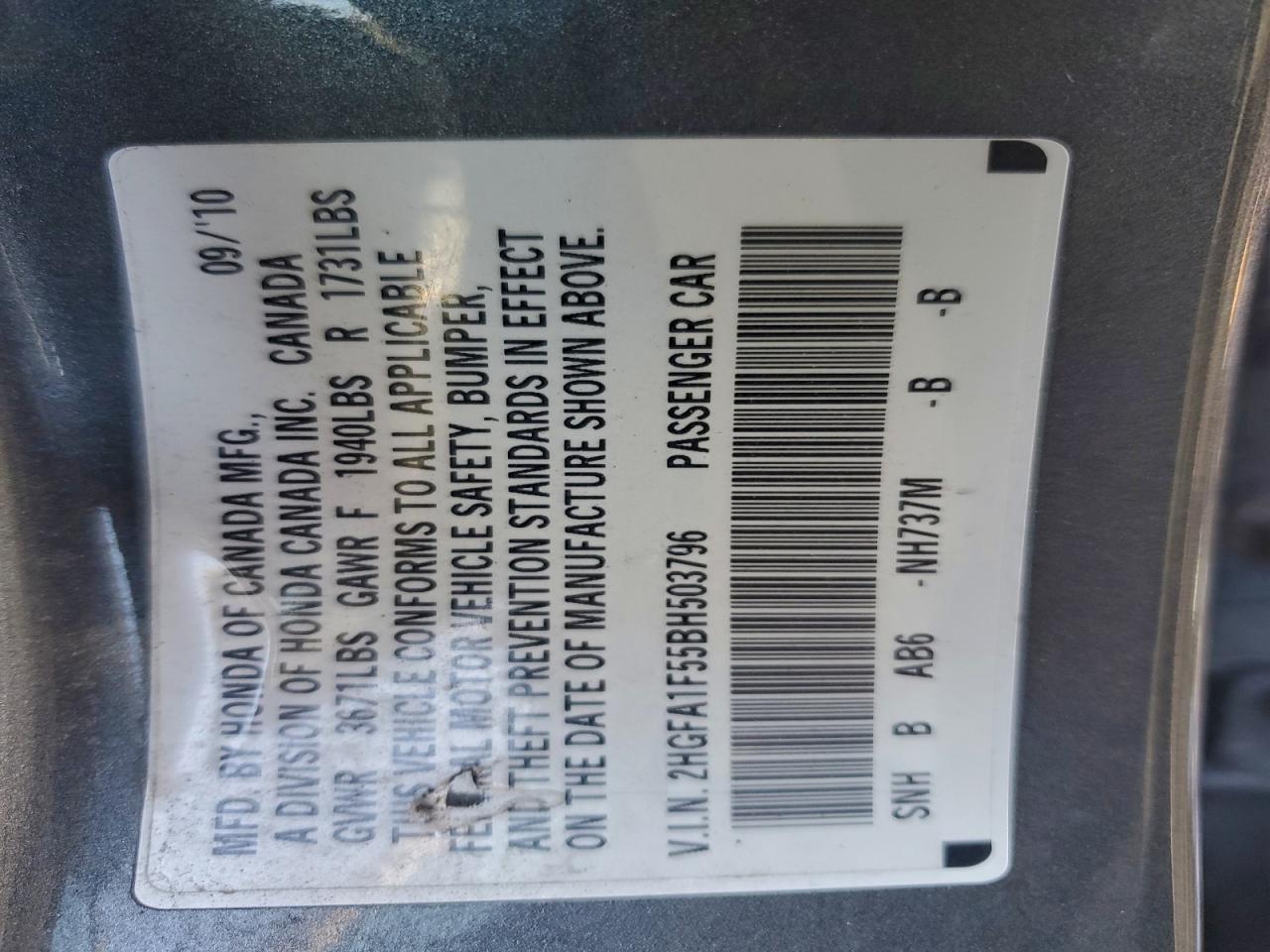 2011 Honda Civic Lx VIN: 2HGFA1F55BH503796 Lot: 94775965