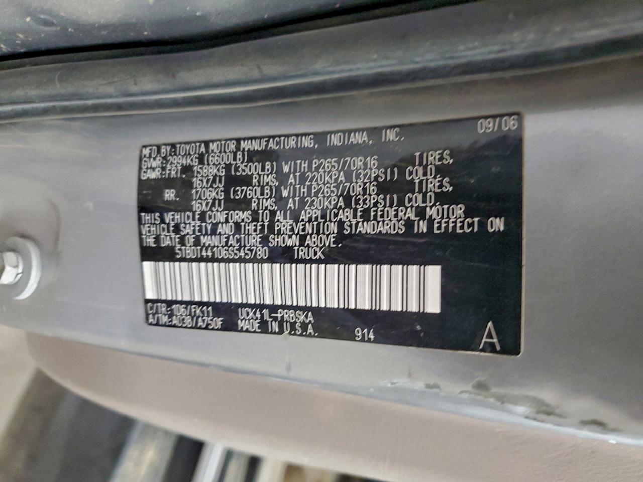 2006 Toyota Tundra Double Cab Sr5 VIN: 5TBDT44106S545780 Lot: 95767965