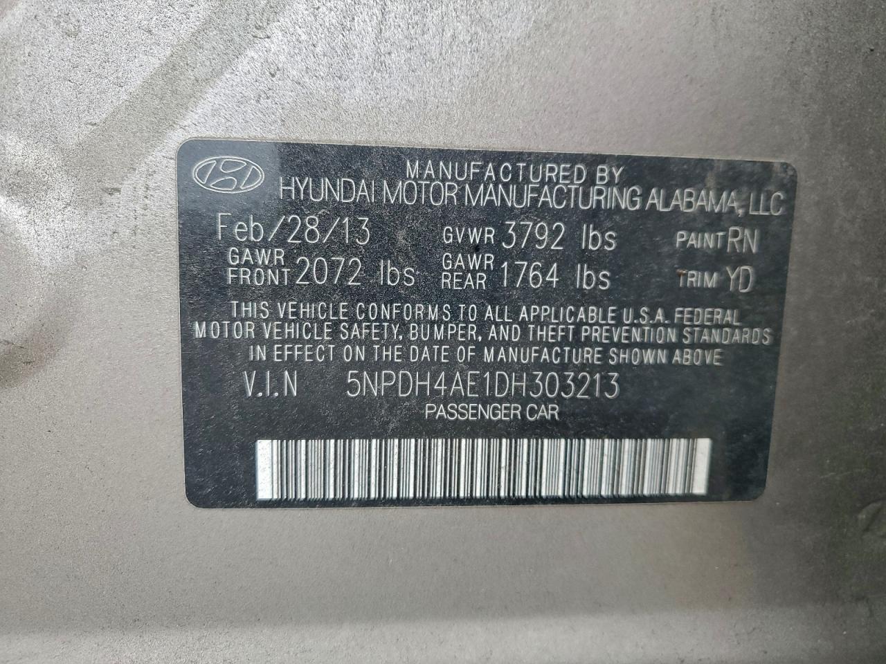 2013 Hyundai Elantra Gls VIN: 5NPDH4AE1DH303213 Lot: 95721705