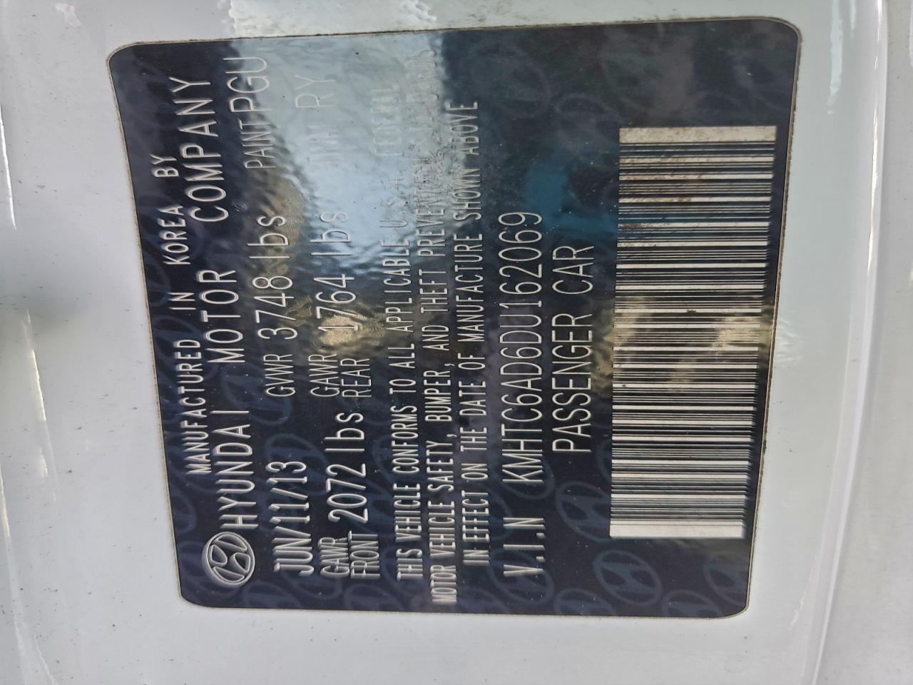 2013 Hyundai Veloster VIN: KMHTC6AD6DU162069 Lot: 96006725