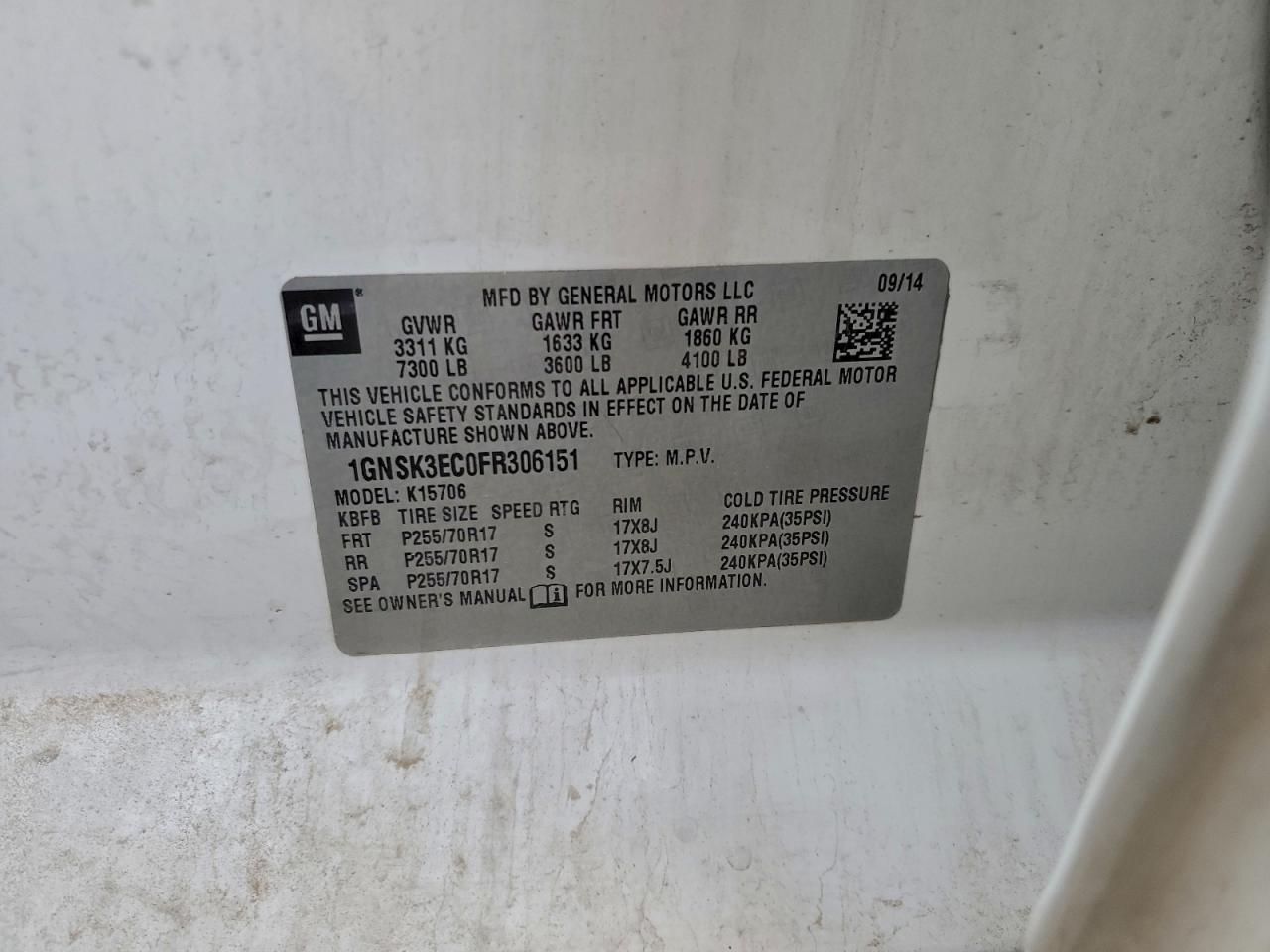 2015 Chevrolet Tahoe Special VIN: 1GNSK3EC0FR306151 Lot: 95922375