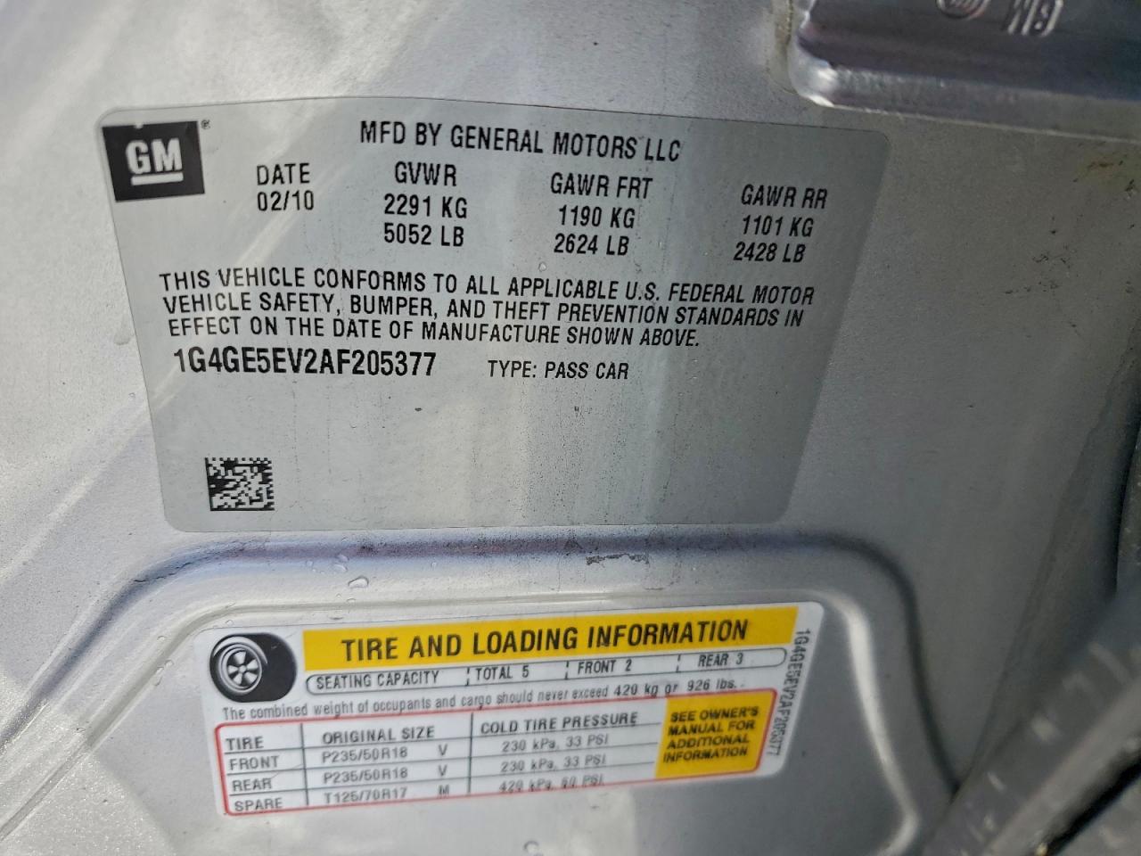 2010 Buick Lacrosse Cxs VIN: 1G4GE5EV2AF205377 Lot: 97164165