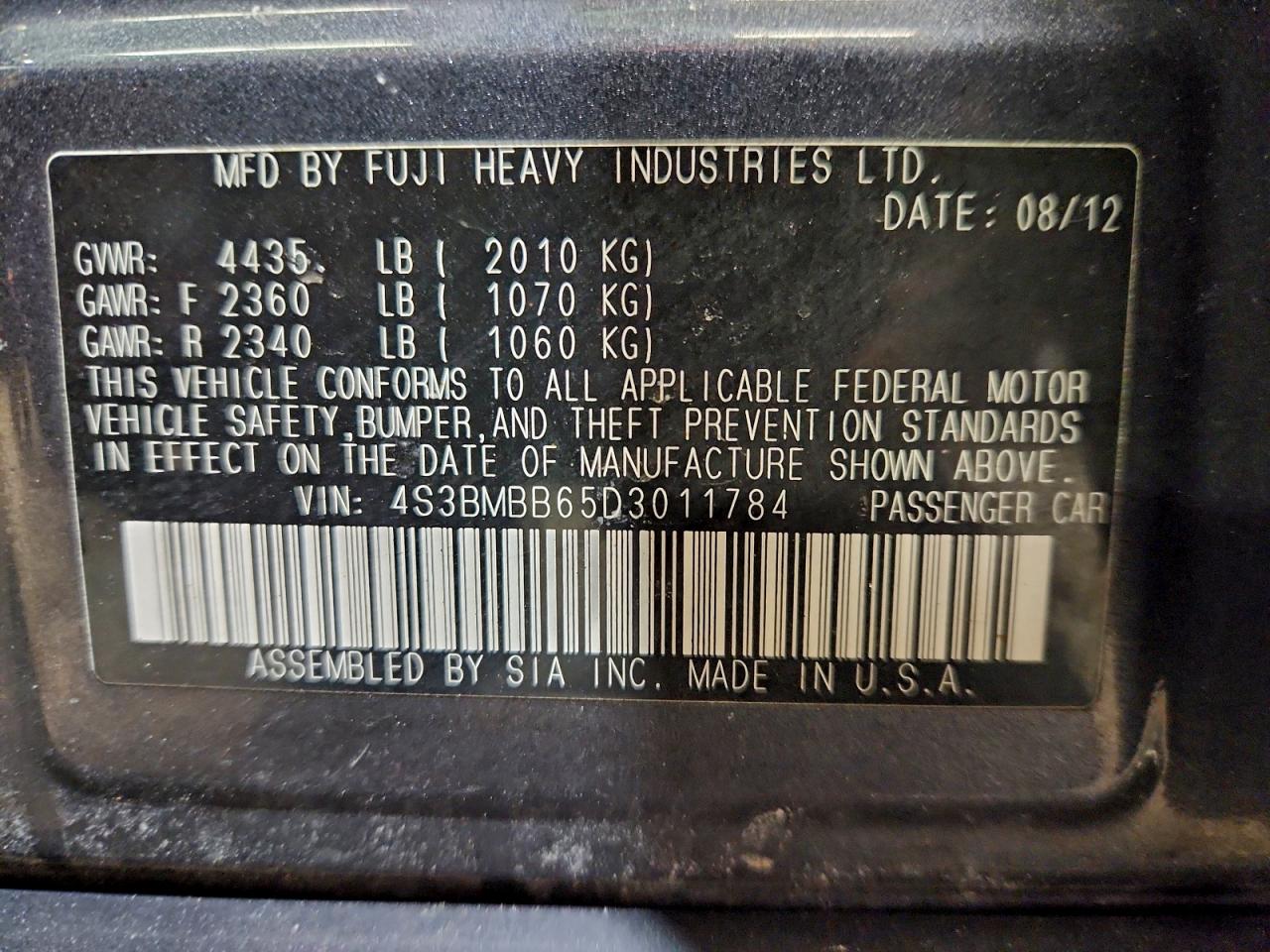 2013 Subaru Legacy 2.5I Premium VIN: 4S3BMBB65D3011784 Lot: 97460025