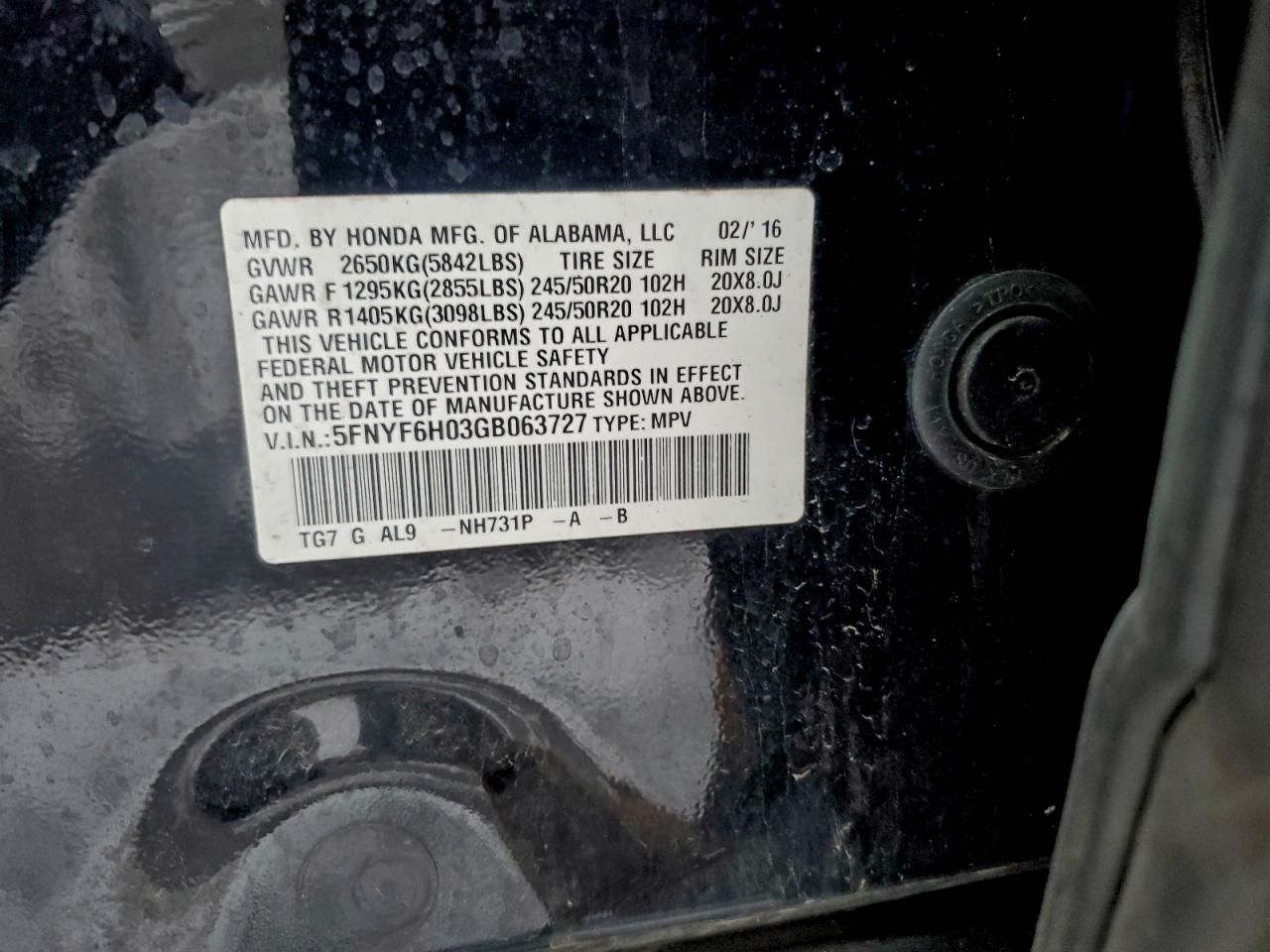 2016 Honda Pilot Elite VIN: 5FNYF6H03GB063727 Lot: 95193535