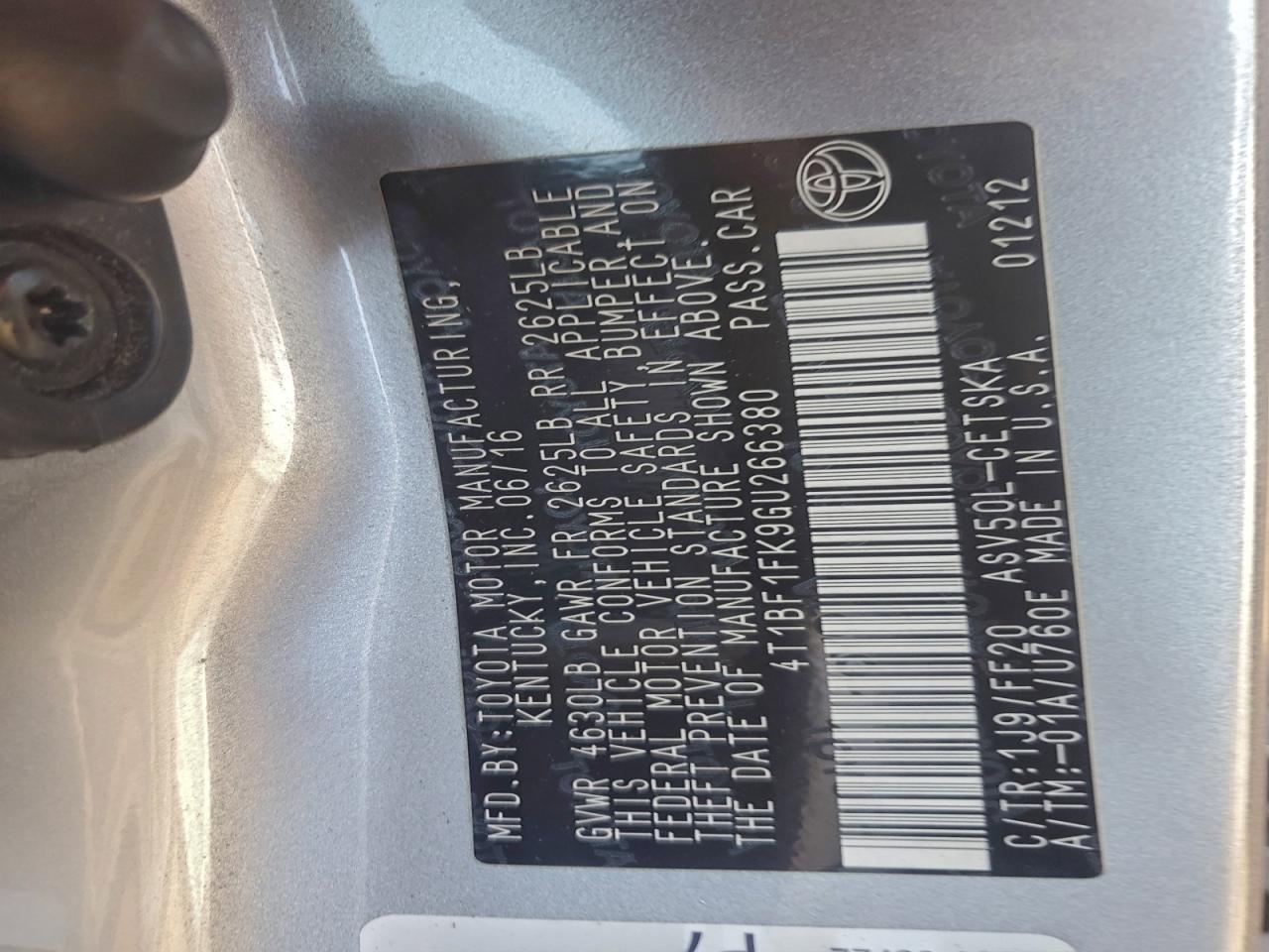 2016 Toyota Camry Le VIN: 4T1BF1FK9GU266380 Lot: 95124465