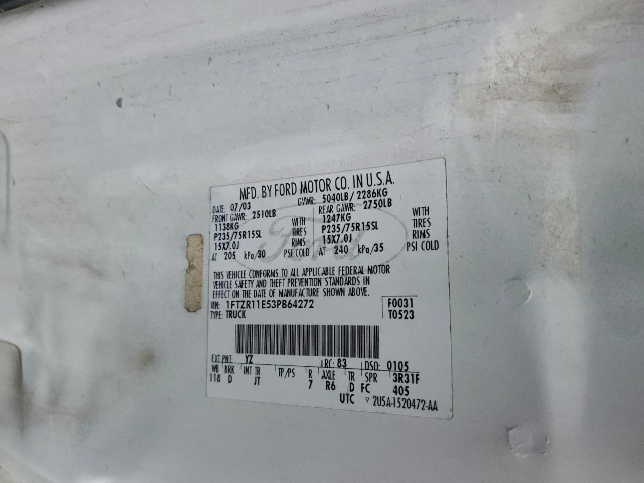 2003 Ford Ranger VIN: 1FTZR11E53PB64272 Lot: 96226965