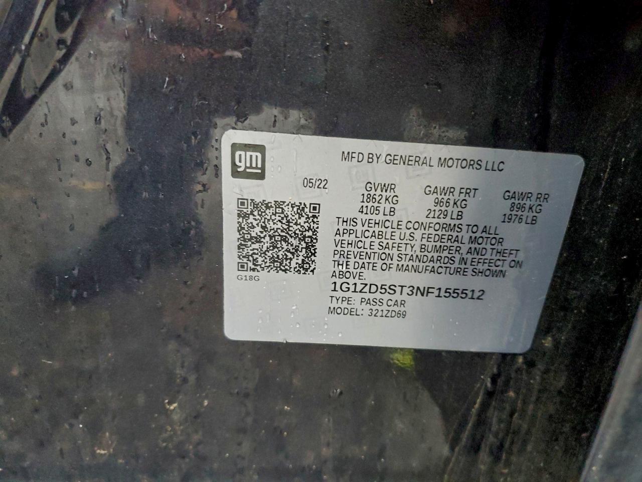 2022 Chevrolet Malibu Lt VIN: 1G1ZD5ST3NF155512 Lot: 94797035