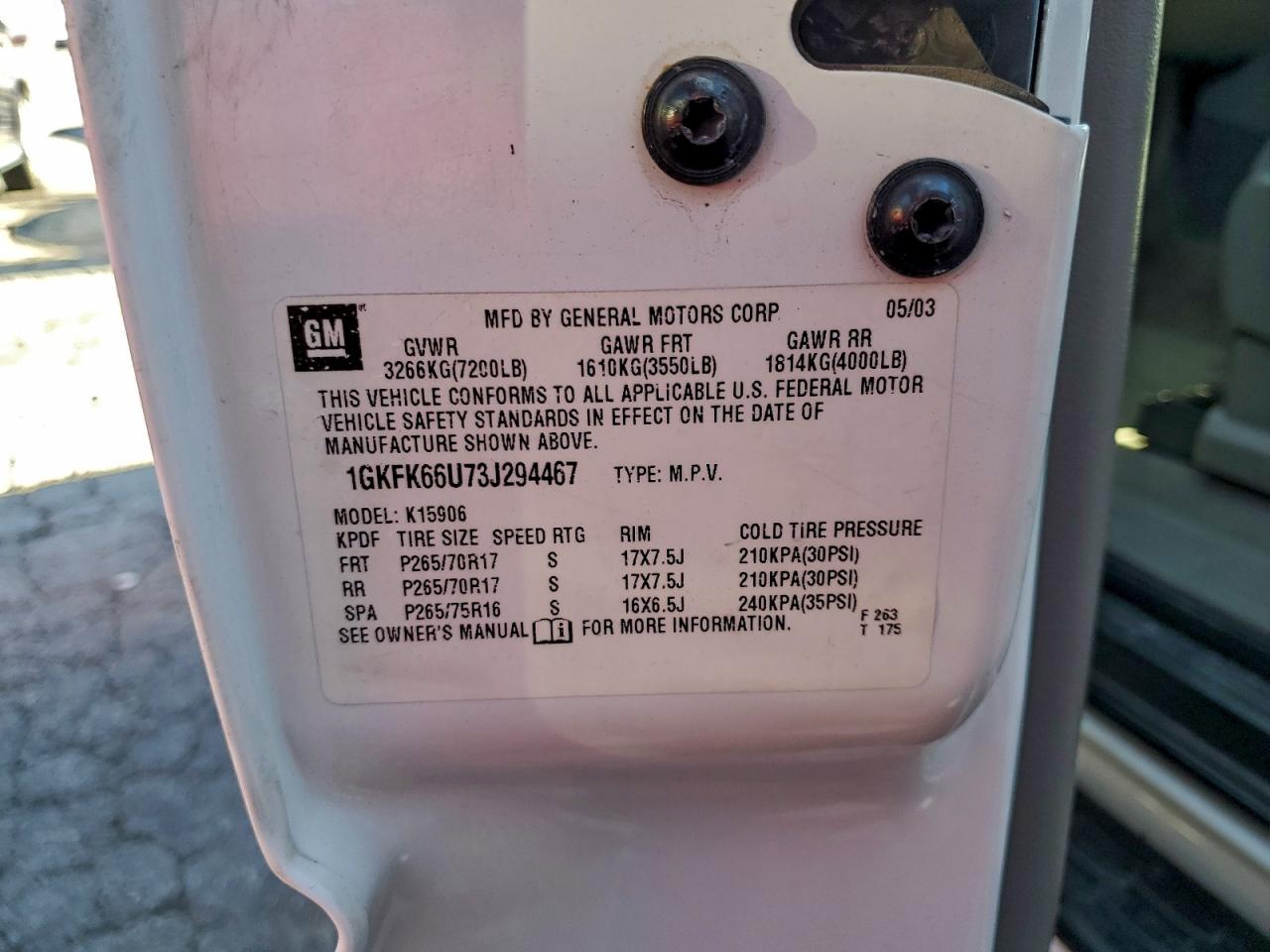 2003 GMC Yukon Xl Denali VIN: 1GKFK66U73J294467 Lot: 95966065