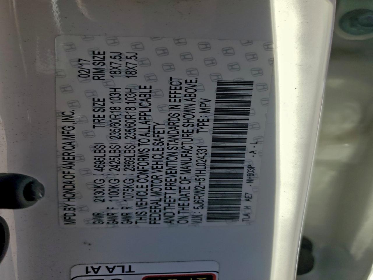 2017 Honda Cr-V Ex VIN: 5J6RW2H51HL024331 Lot: 97094685