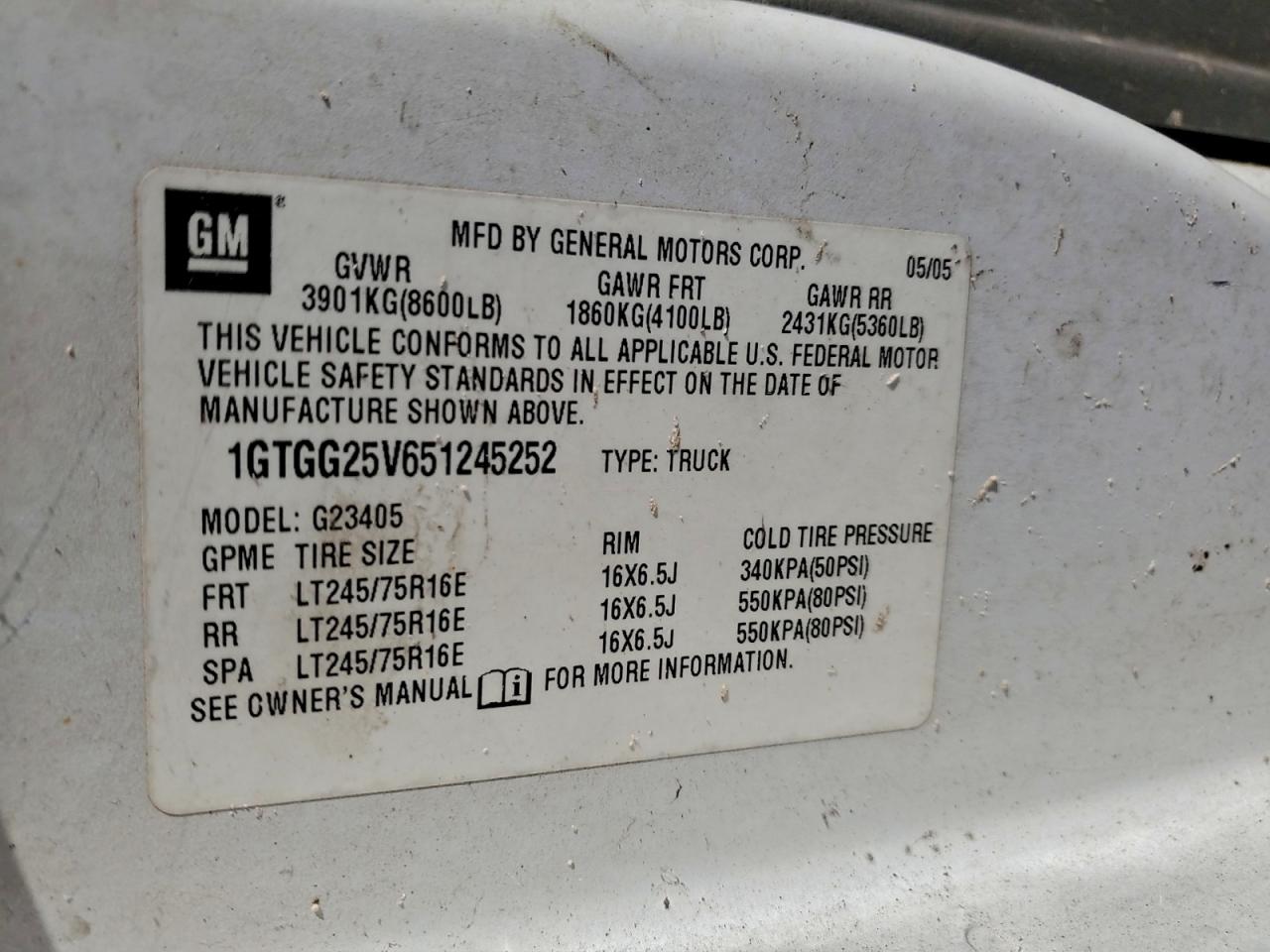 2005 GMC Savana G2500 VIN: 1GTGG25V651245252 Lot: 97442465