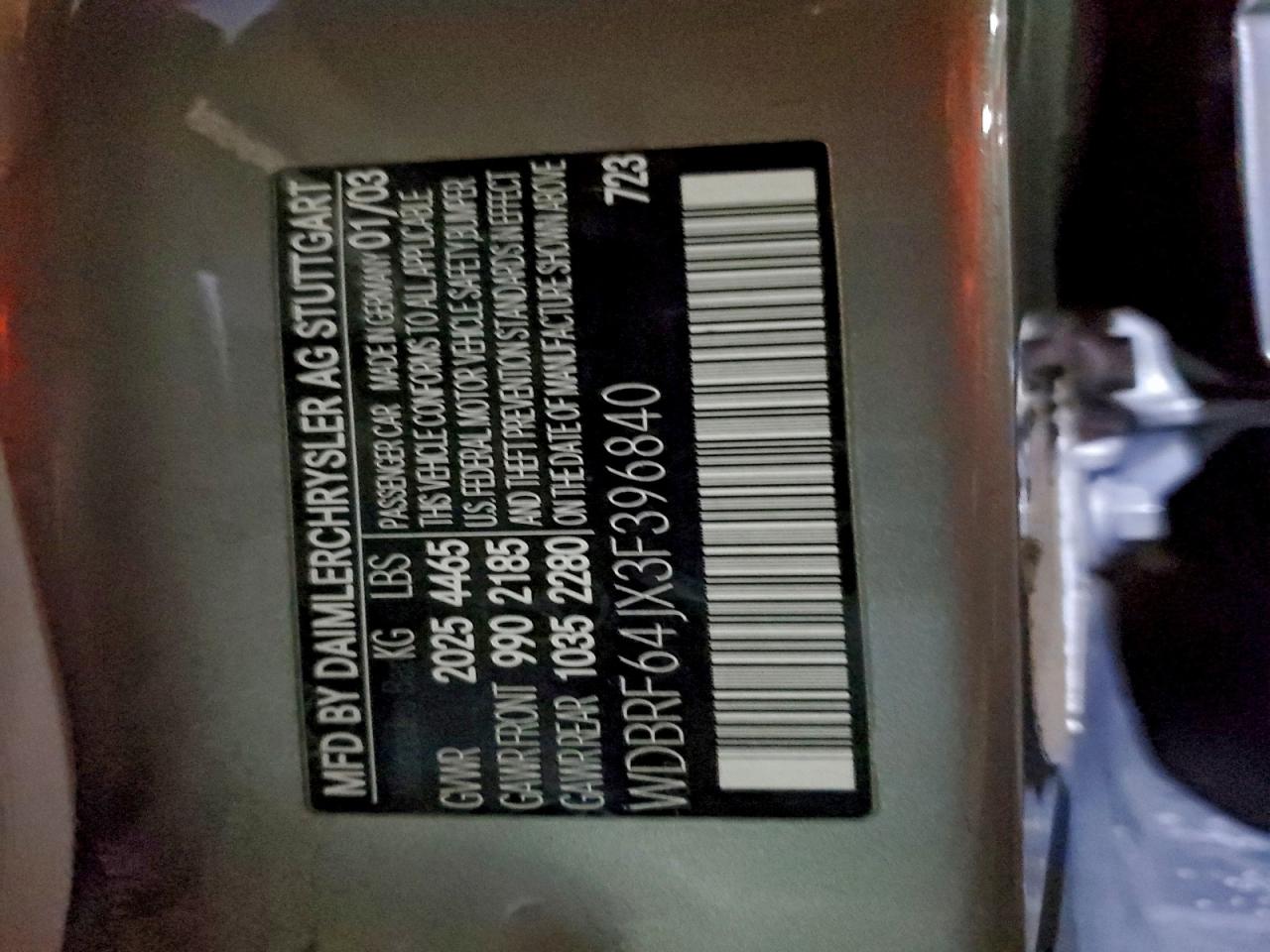 2003 Mercedes-Benz C 320 VIN: WDBRF64JX3F396840 Lot: 94803125