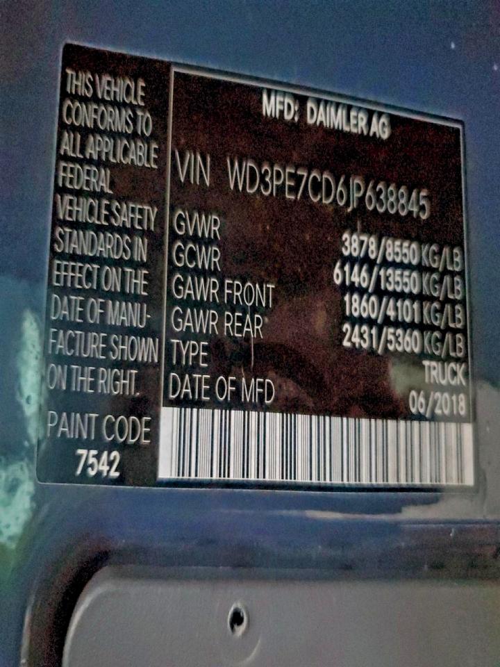 2018 Mercedes Benz Sprinter 2500 Delivery Van VIN: WD3PE7CD6JP638845 Lot: 94751605