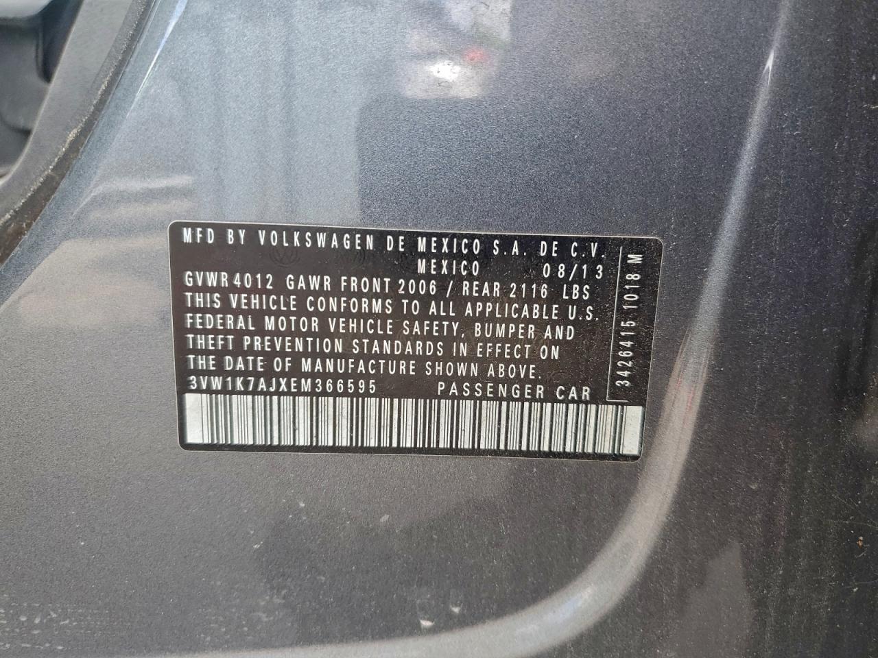 2014 Volkswagen Jetta Base VIN: 3VW1K7AJXEM366595 Lot: 97272915