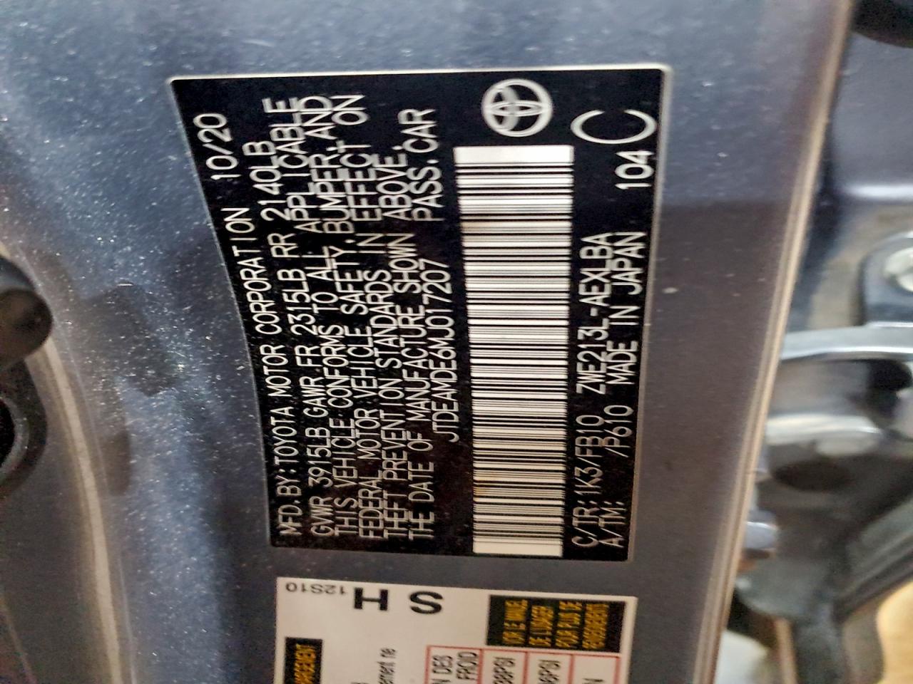 2021 Toyota Corolla Le VIN: JTDEAMDE6MJ017207 Lot: 94742365