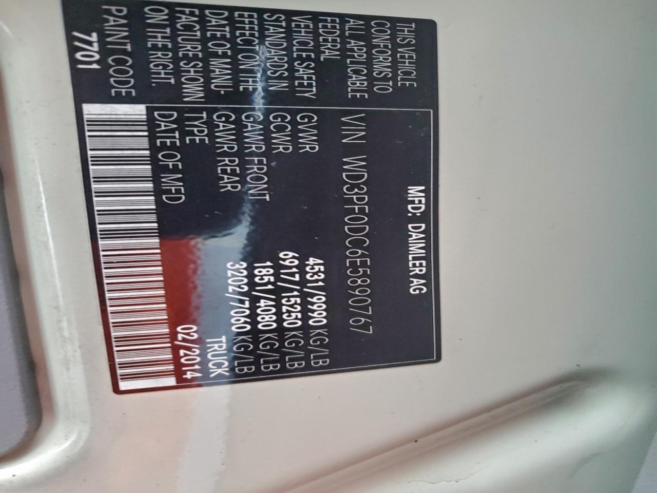 2014 Mercedes-Benz Sprinter 3500 VIN: WD3PF0DC6E5890767 Lot: 96201945