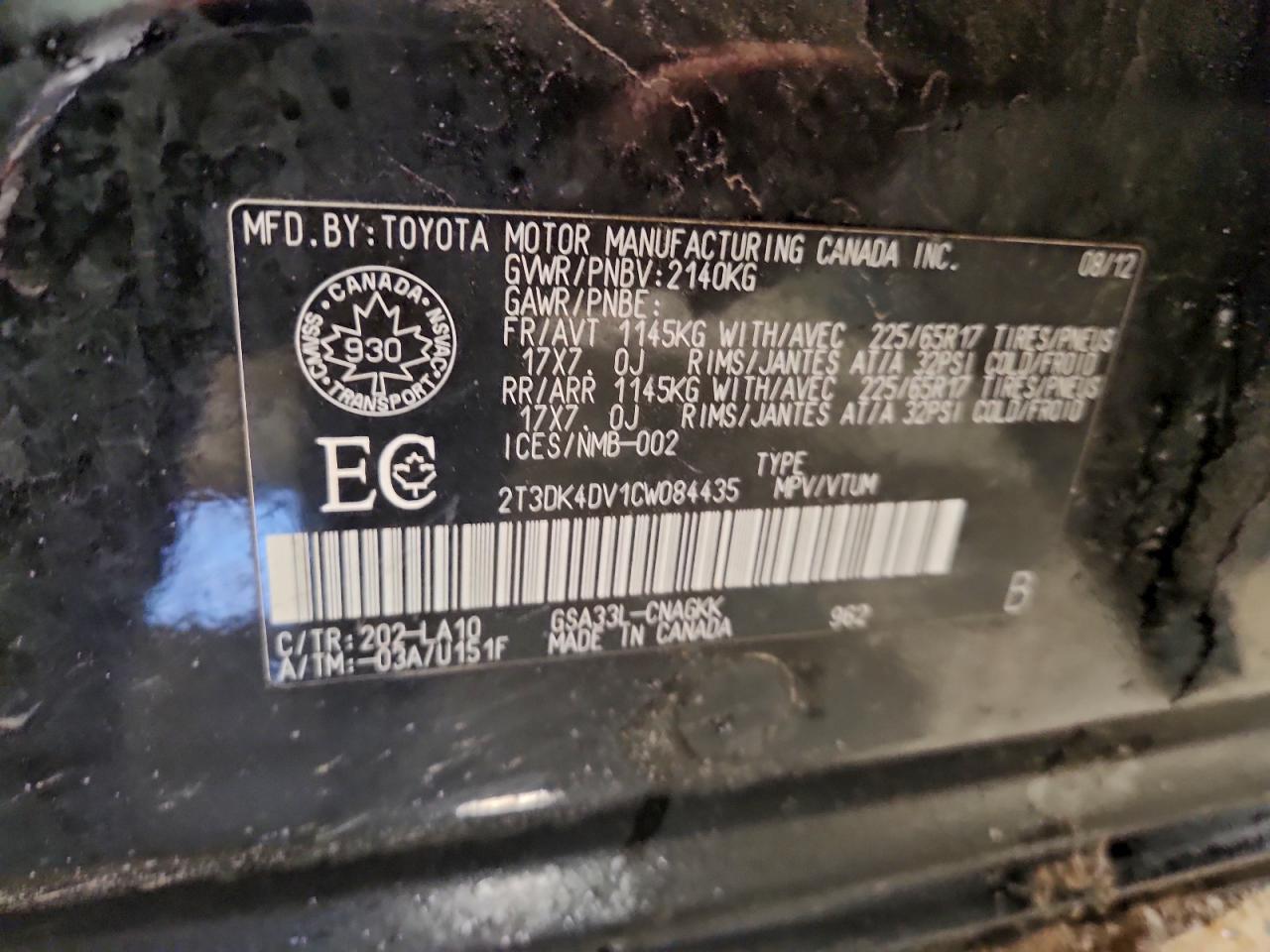 2012 Toyota Rav4 Limited VIN: 2T3DK4DV1CW084435 Lot: 95935055