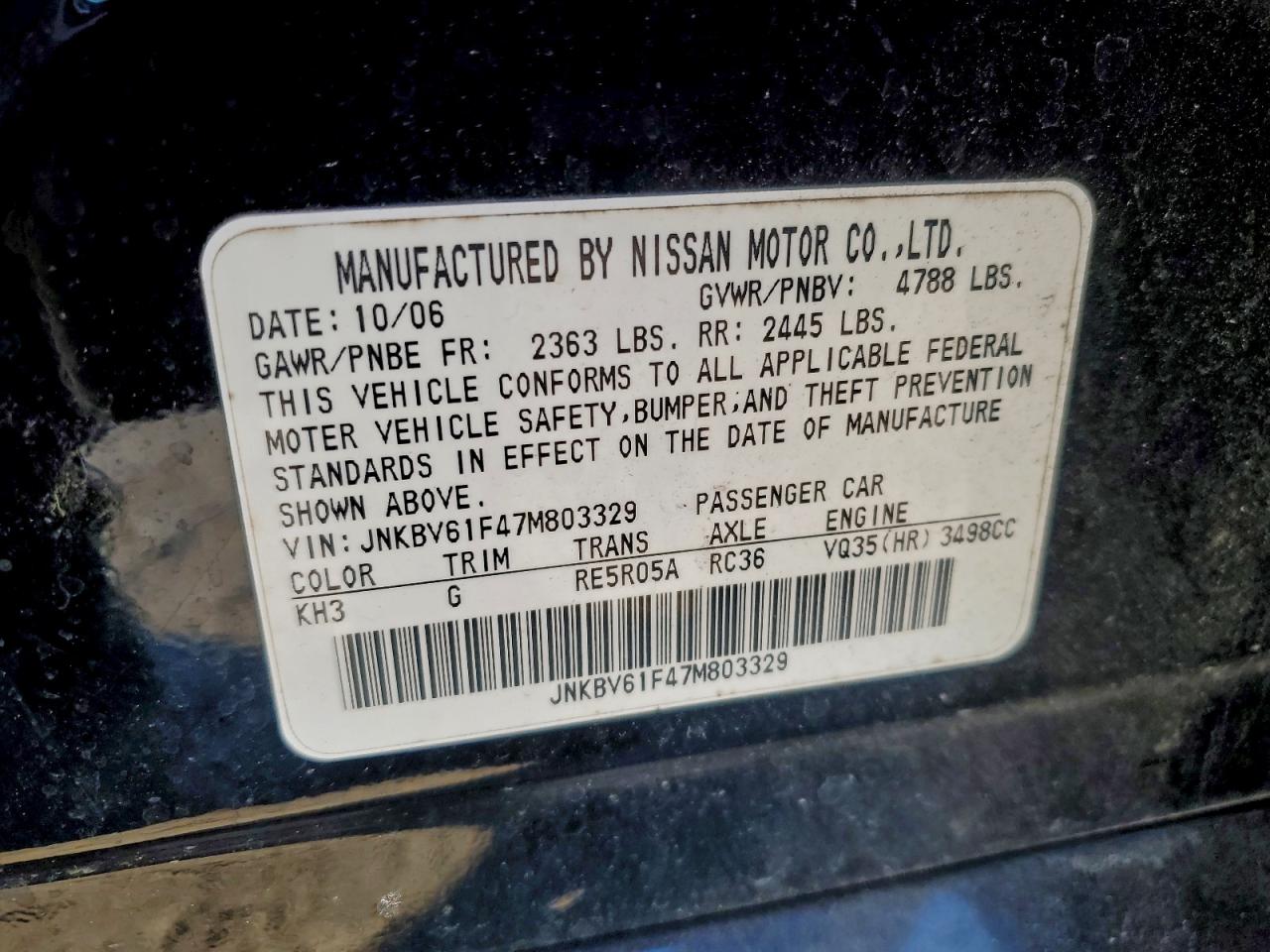 2007 Infiniti G35 VIN: JNKBV61F47M803329 Lot: 95287185