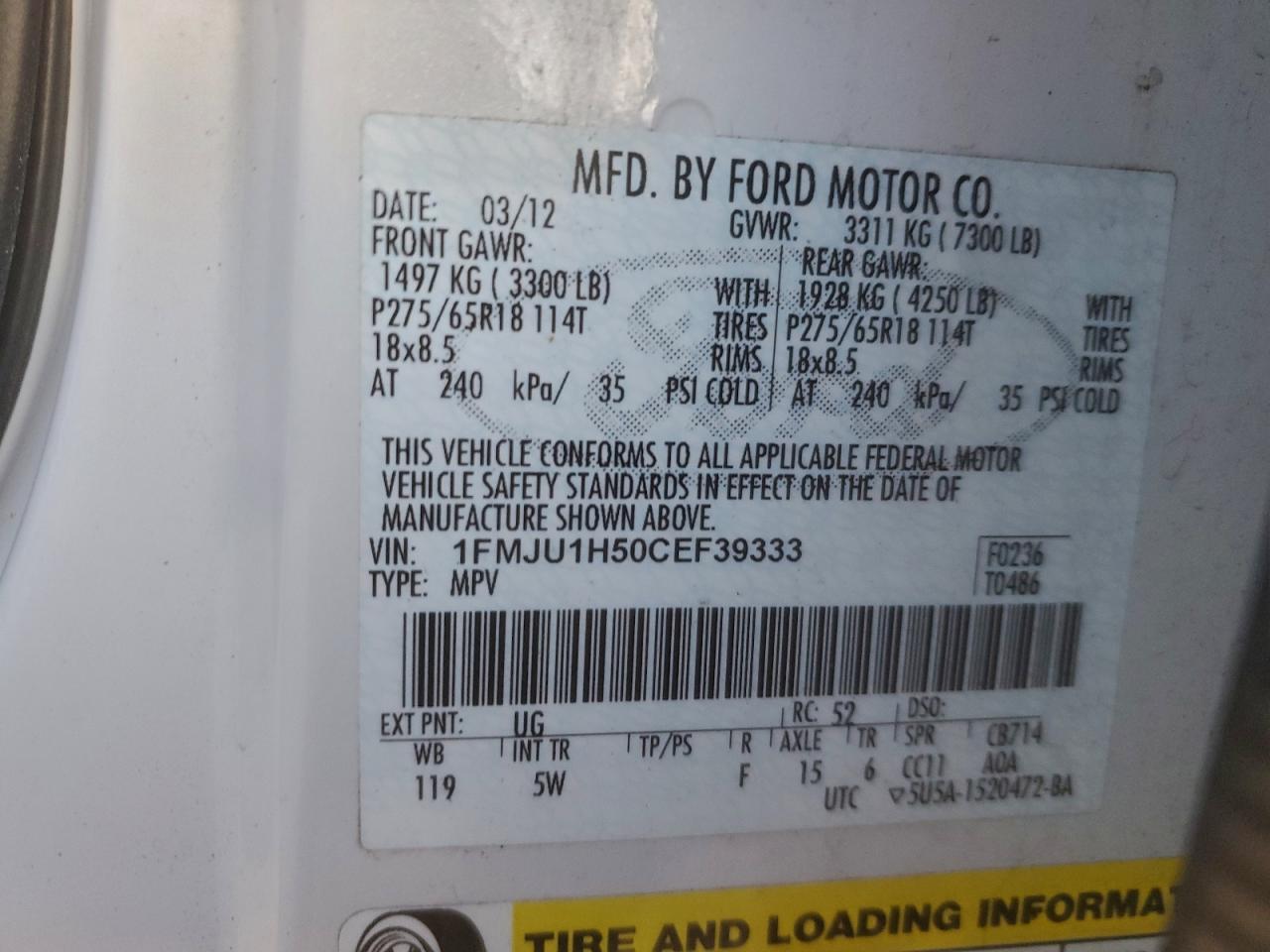 2012 Ford Expedition Xlt VIN: 1FMJU1H50CEF39333 Lot: 95259675