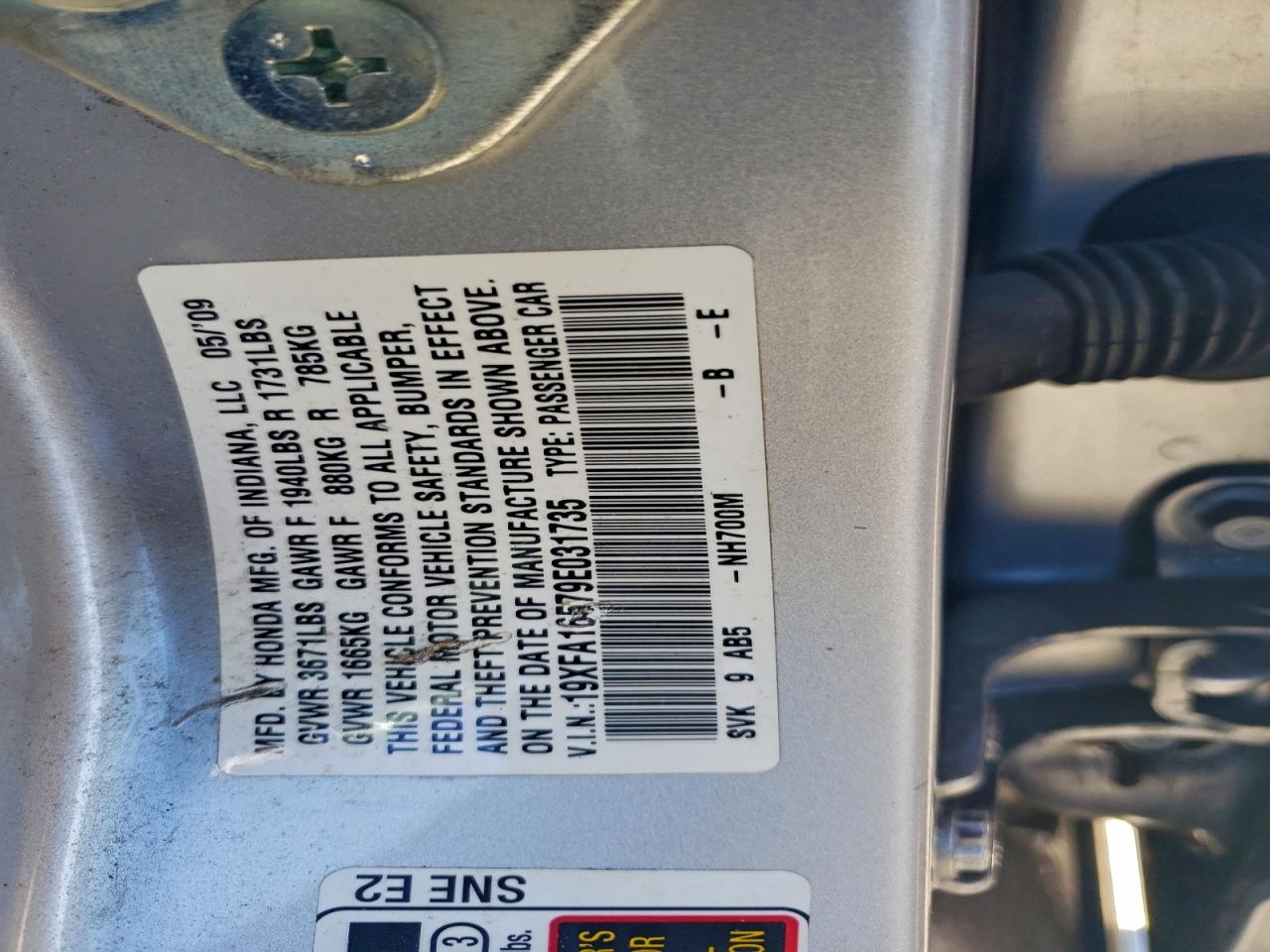 2009 Honda Civic Lx VIN: 19XFA16579E031735 Lot: 95576935