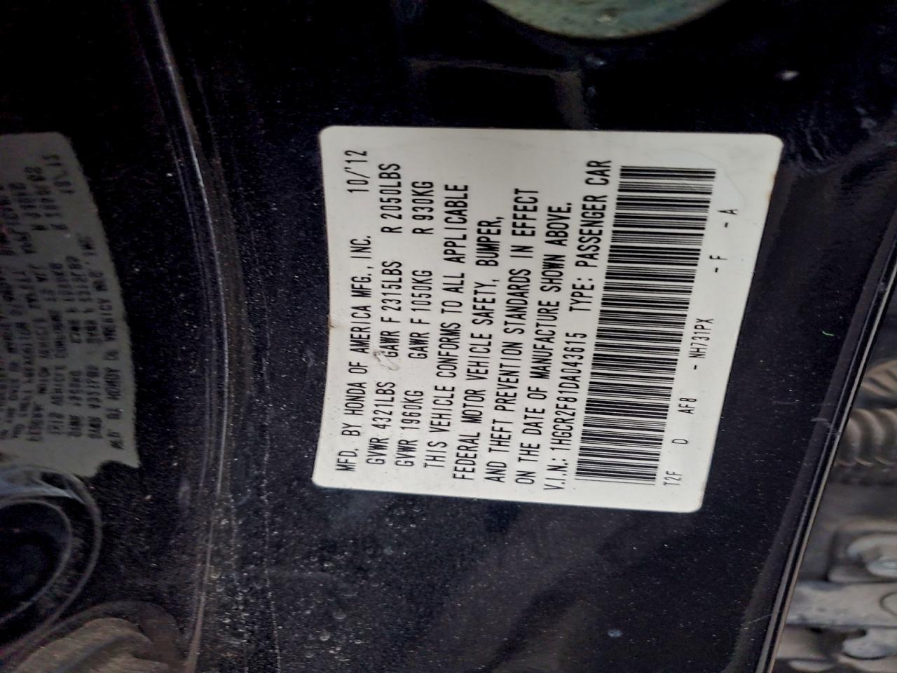 2013 Honda Accord Exl VIN: 1HGCR2F81DA043615 Lot: 94860285