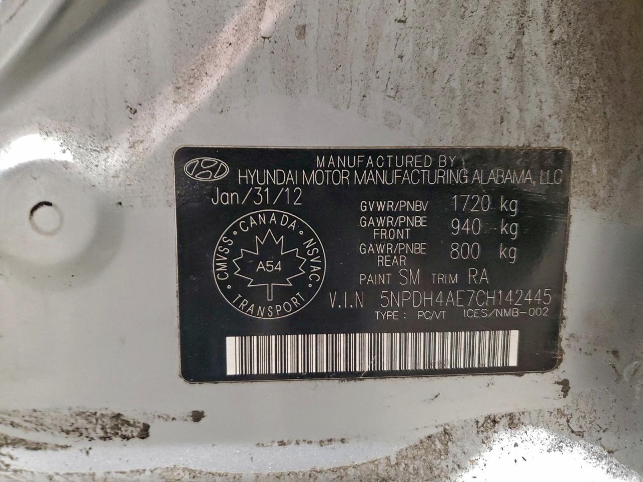 2012 Hyundai Elantra Gls VIN: 5NPDH4AE7CH142445 Lot: 95498295