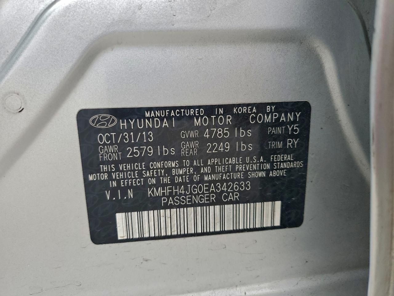 2014 Hyundai Azera Gls VIN: KMHFH4JG0EA342633 Lot: 95903325