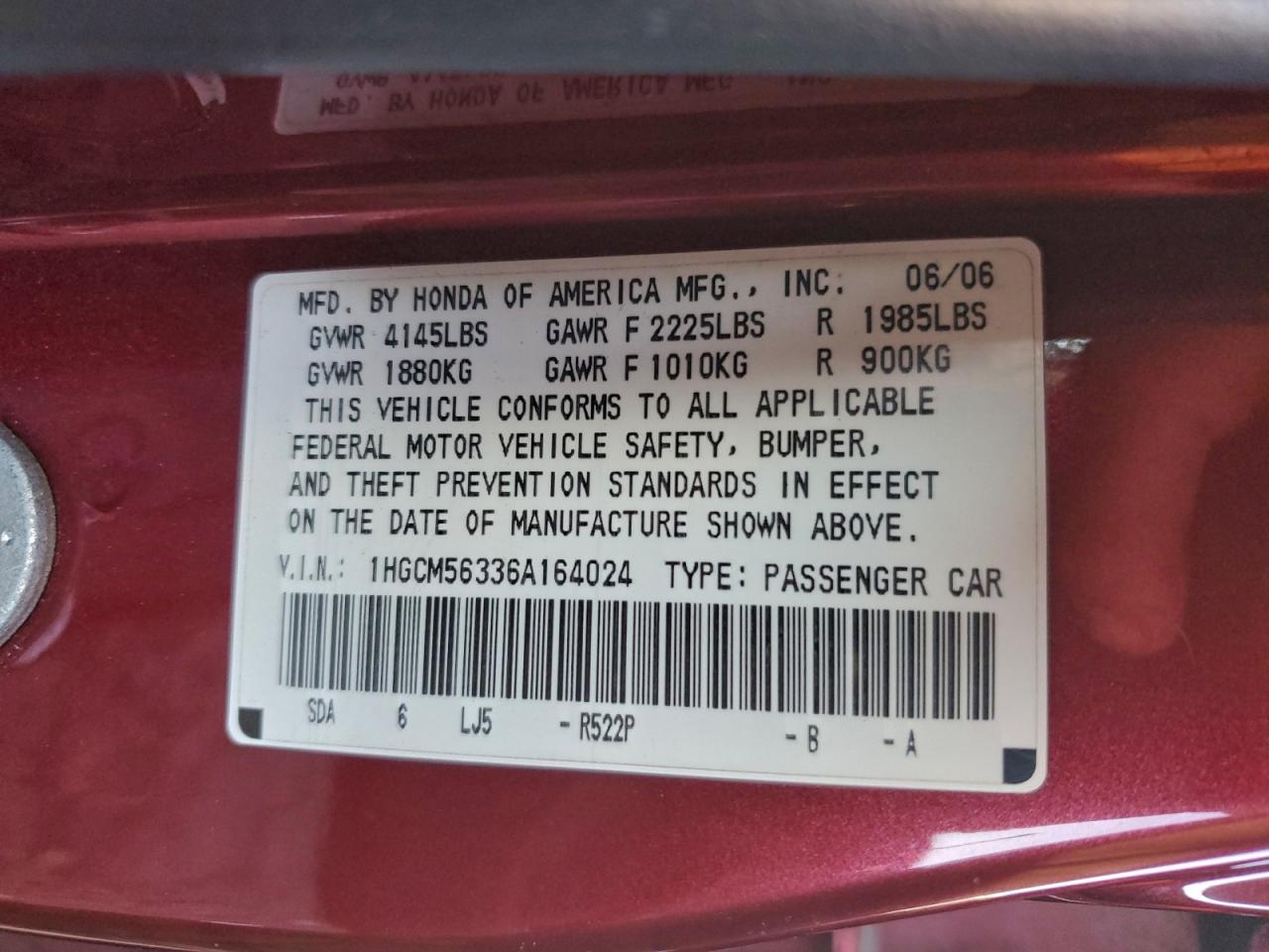 2006 Honda Accord Se VIN: 1HGCM56336A164024 Lot: 95714965