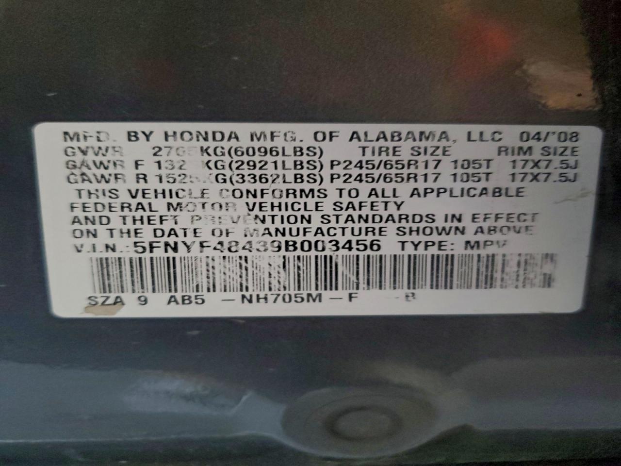 2009 Honda Pilot Ex VIN: 5FNYF48439B003456 Lot: 94755475