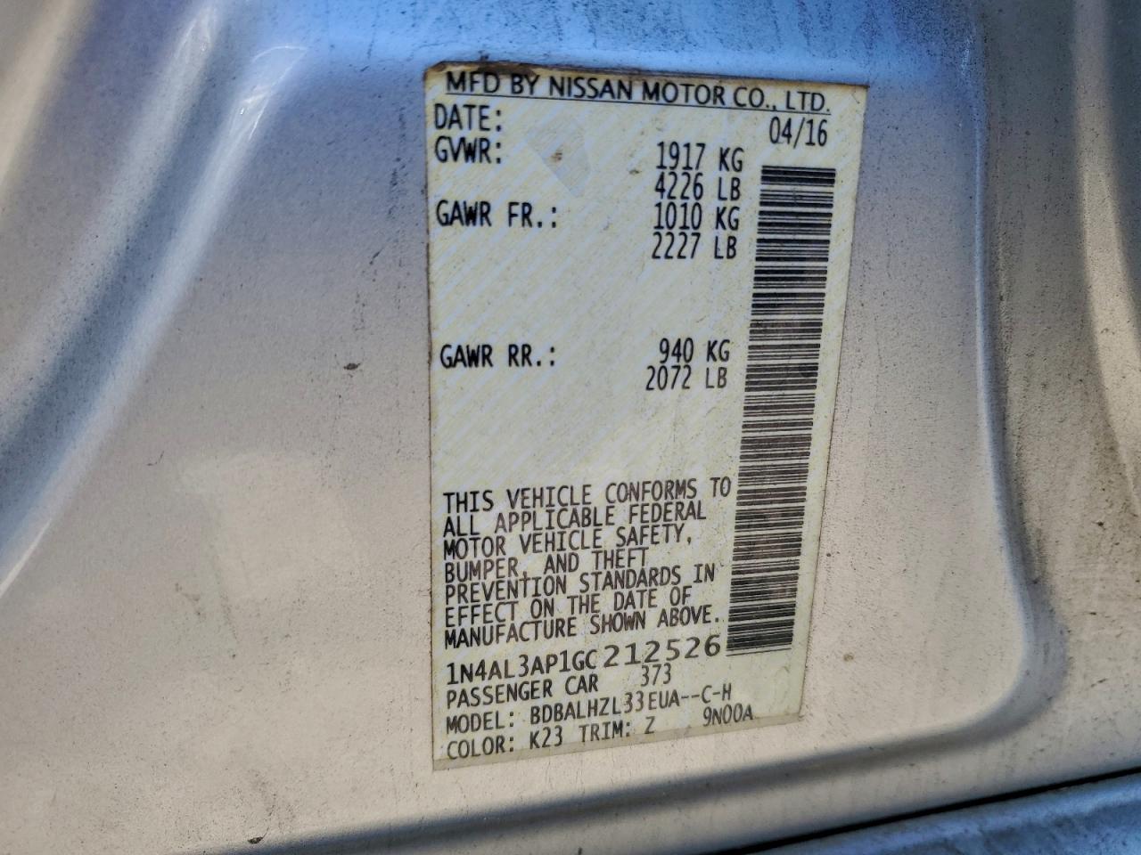 2016 Nissan Altima 2.5 VIN: 1N4AL3AP1GC212526 Lot: 97461125