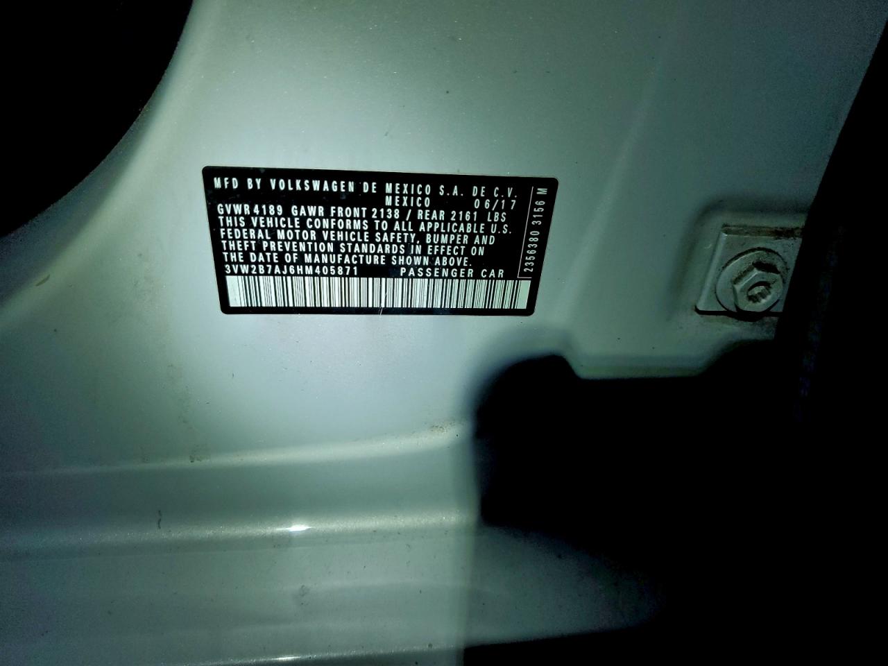 2017 Volkswagen Jetta S VIN: 3VW2B7AJ6HM405871 Lot: 94690135