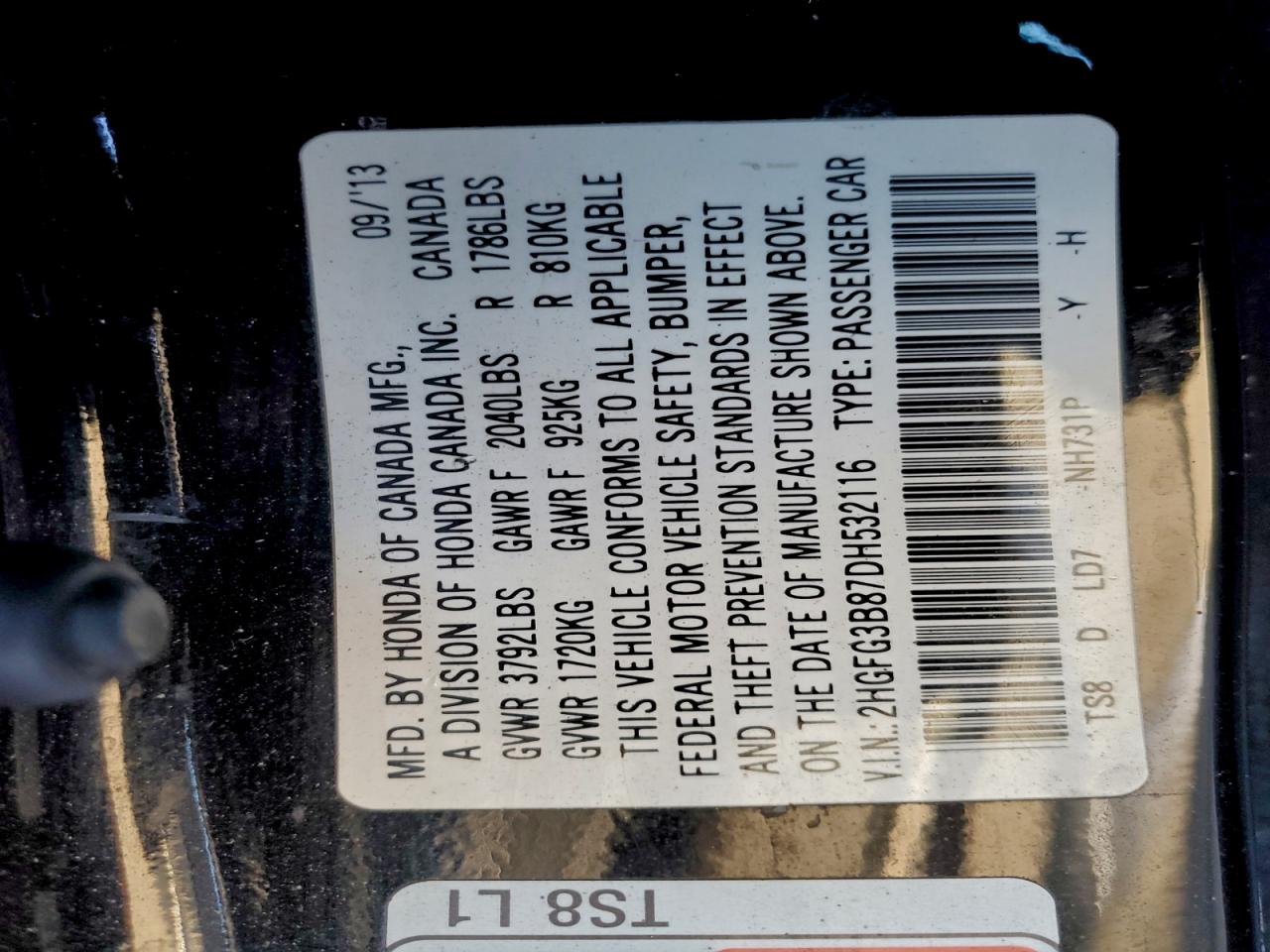 2013 Honda Civic Ex VIN: 2HGFG3B87DH532116 Lot: 96053045