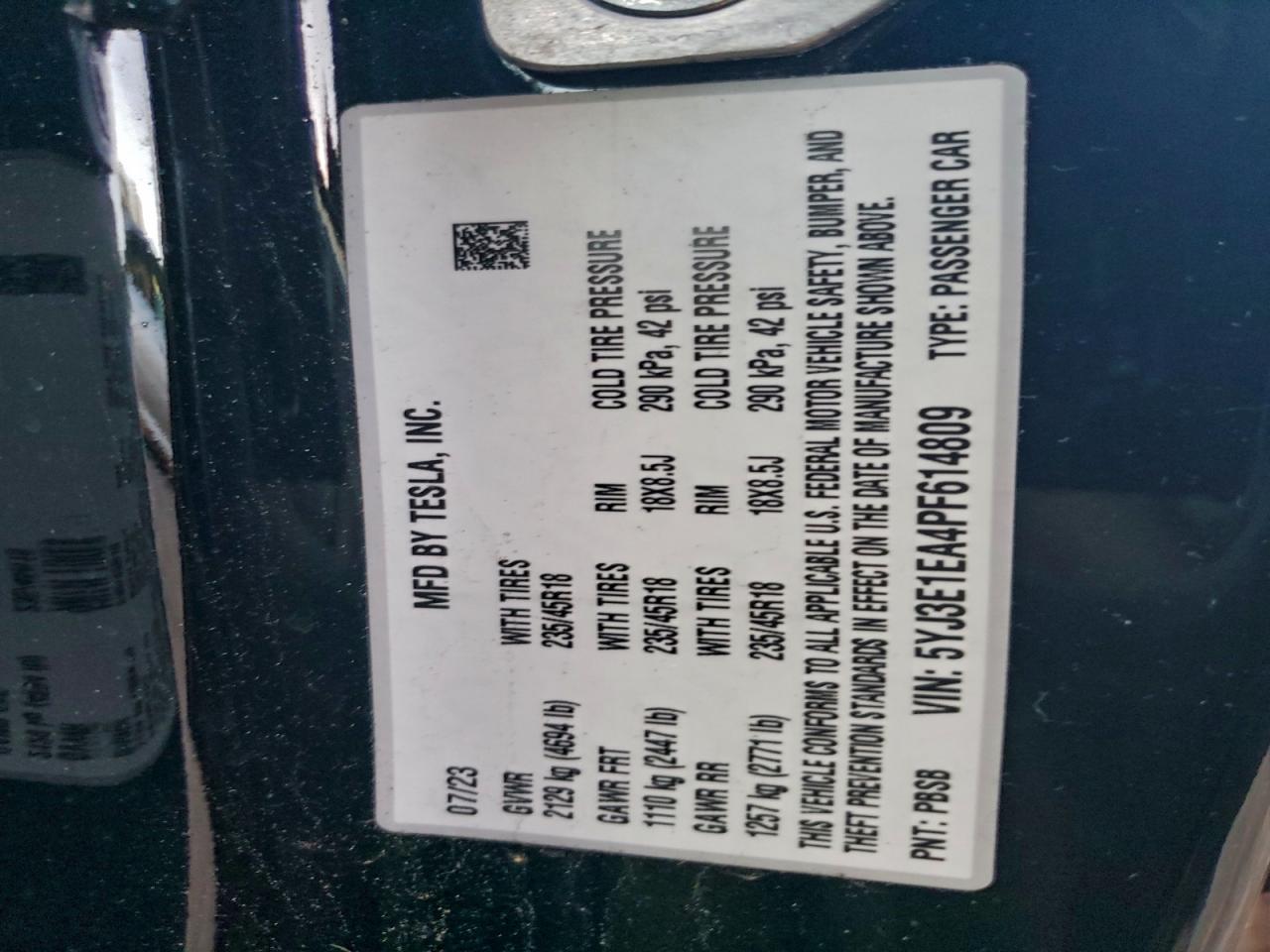 2023 Tesla Model 3 VIN: 5YJ3E1EA4PF614809 Lot: 94809695