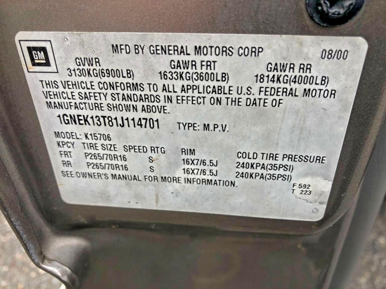 2001 Chevrolet Tahoe K1500 VIN: 1GNEK13T81J114701 Lot: 97673105