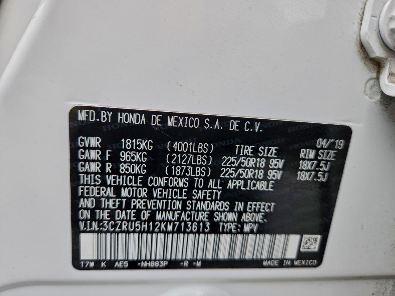 2019 Honda Hr-V Sport VIN: 3CZRU5H12KM713613 Lot: 95191775