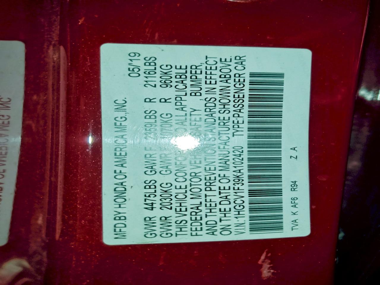 2019 Honda Accord Sport VIN: 1HGCV1F39KA102420 Lot: 94813365