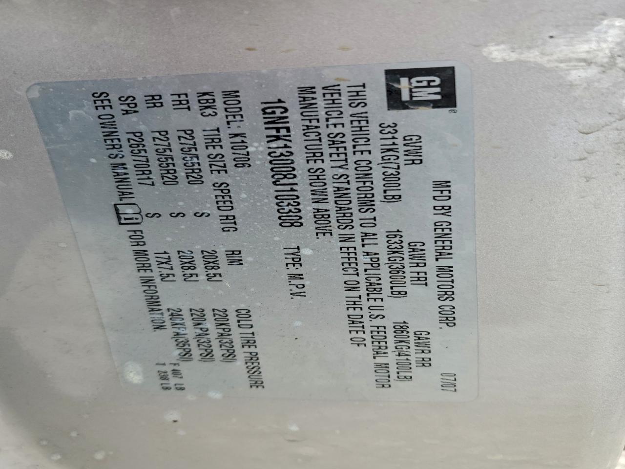 2008 Chevrolet Tahoe K1500 VIN: 1GNFK13008J103308 Lot: 94799575