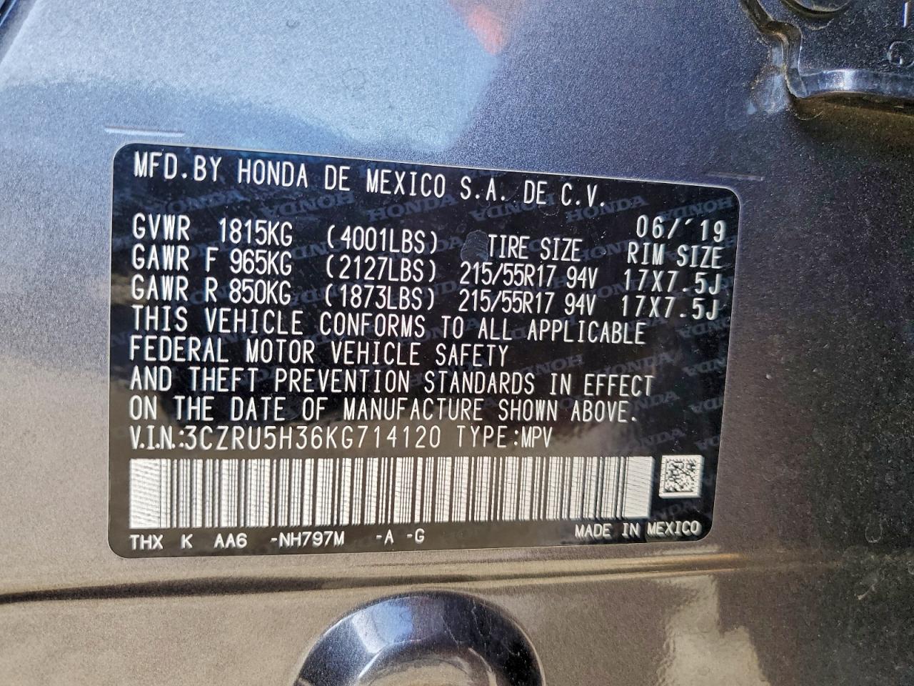 2019 Honda Hr-V Lx VIN: 3CZRU5H36KG714120 Lot: 95406975