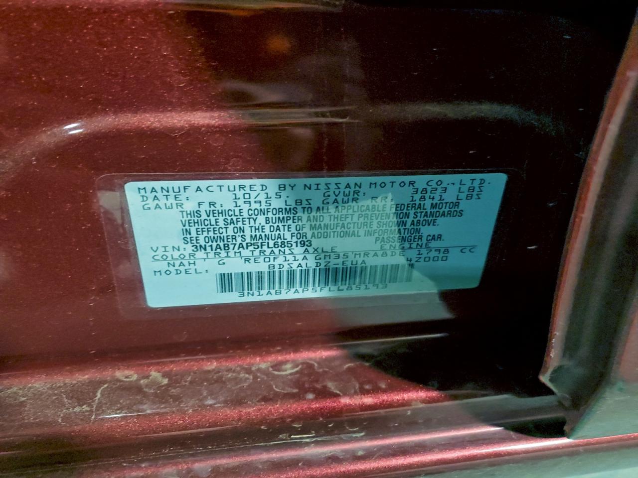 2015 Nissan Sentra S VIN: 3N1AB7AP5FL685193 Lot: 94954245