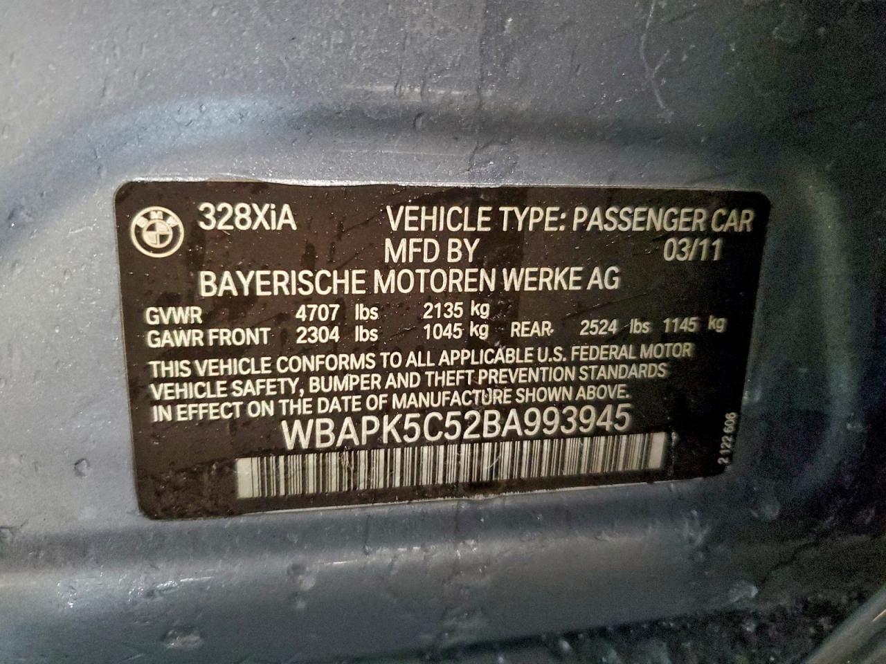 2011 BMW 328 Xi Sulev VIN: WBAPK5C52BA993945 Lot: 96178625