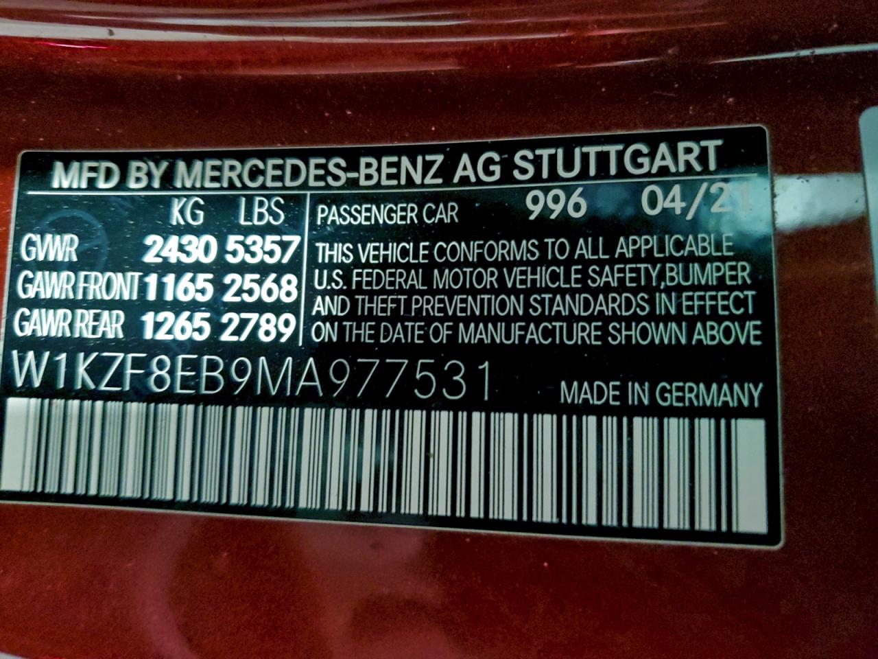 2021 Mercedes-Benz E 350 4Matic VIN: W1KZF8EB9MA977531 Lot: 94295095