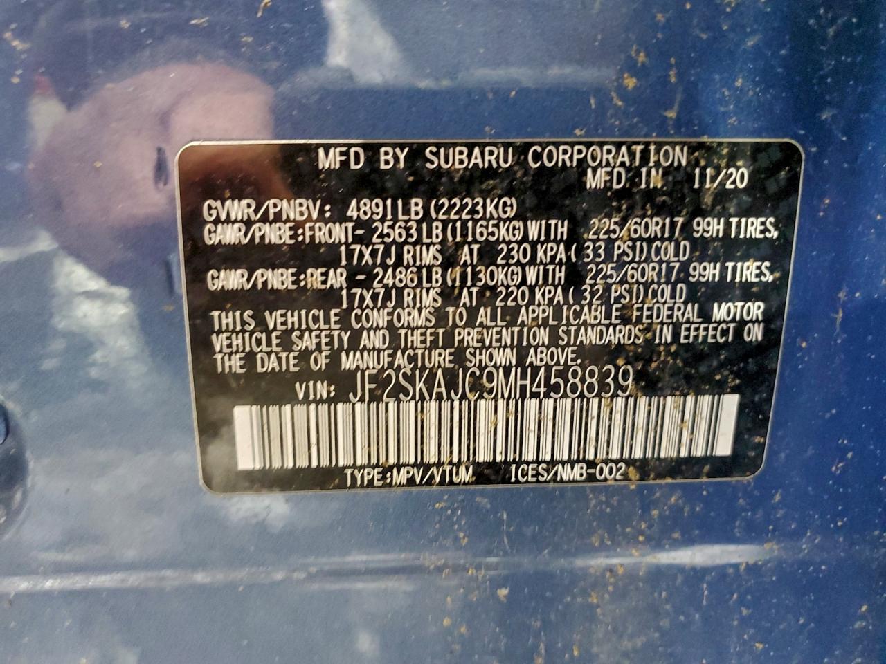 2021 Subaru Forester Premium VIN: JF2SKAJC9MH458839 Lot: 96319565