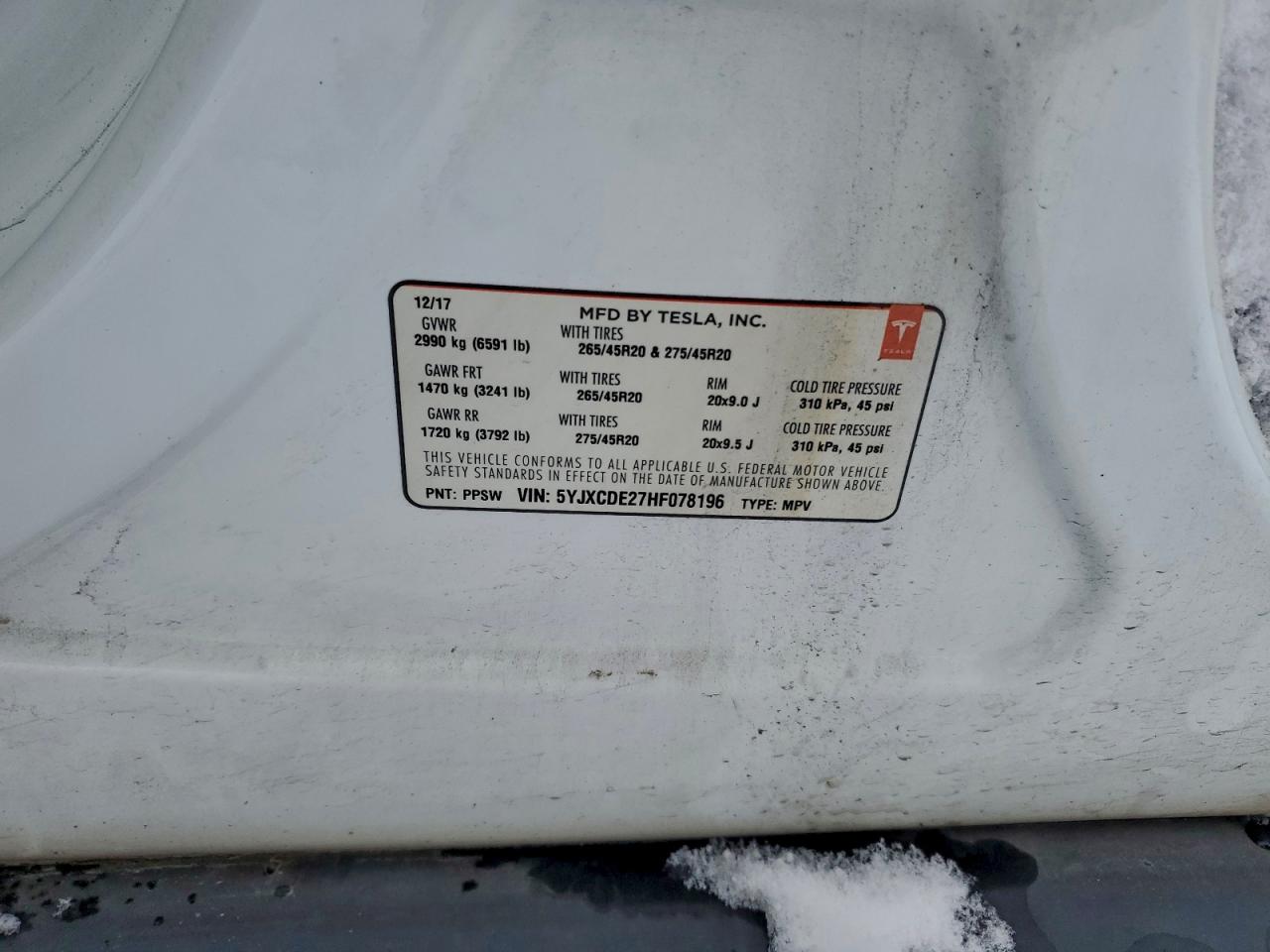 2017 Tesla Model X VIN: 5YJXCDE27HF078196 Lot: 94971435